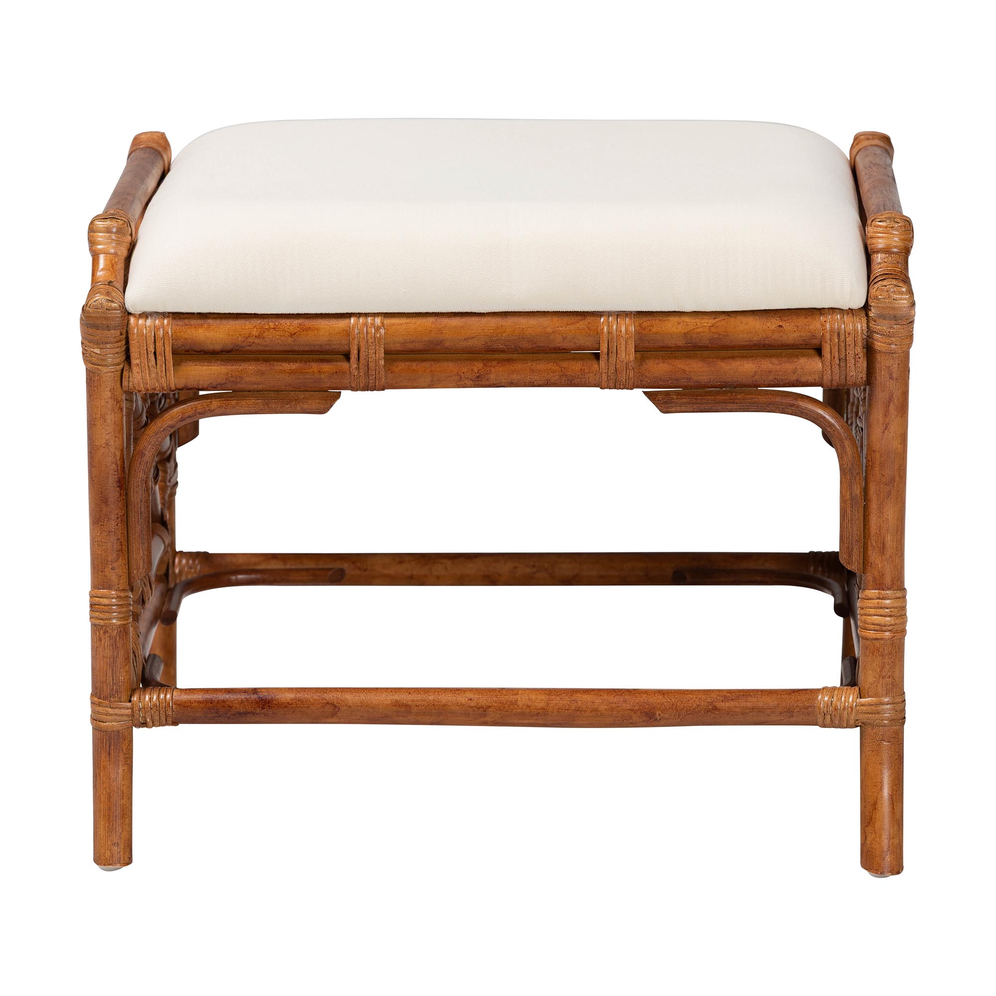 bali & pari Morley Marbled Tortoise Natural Rattan Ottoman - Handcrafted Accent Footstool with Decorative Frame, Coastal Tropical Style for Living Room