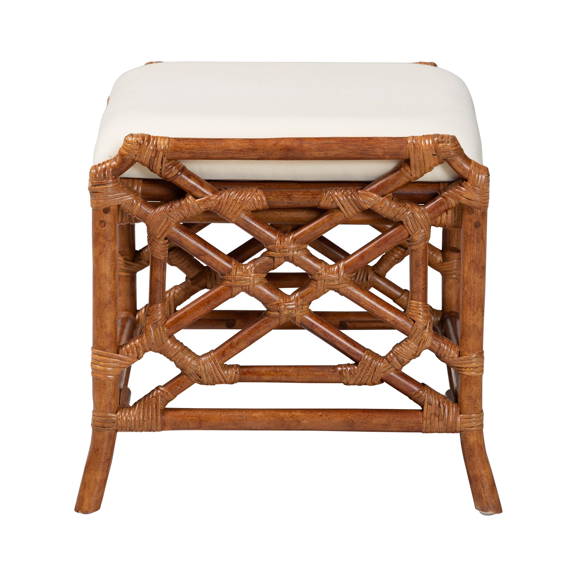 bali & pari Morley Marbled Tortoise Natural Rattan Ottoman - Handcrafted Accent Footstool with Decorative Frame, Coastal Tropical Style for Living Room