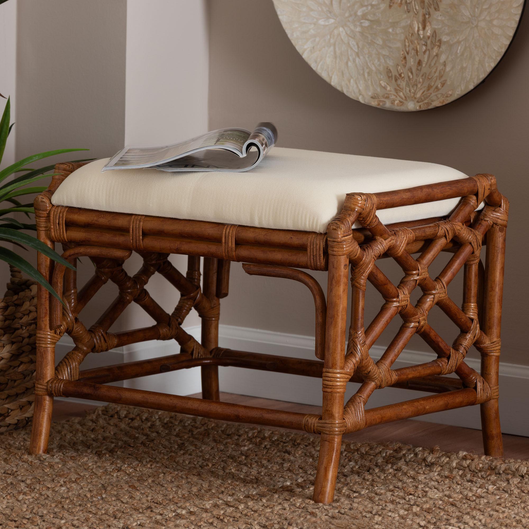 bali & pari Morley Marbled Tortoise Natural Rattan Ottoman - Handcrafted Accent Footstool with Decorative Frame, Coastal Tropical Style for Living Room