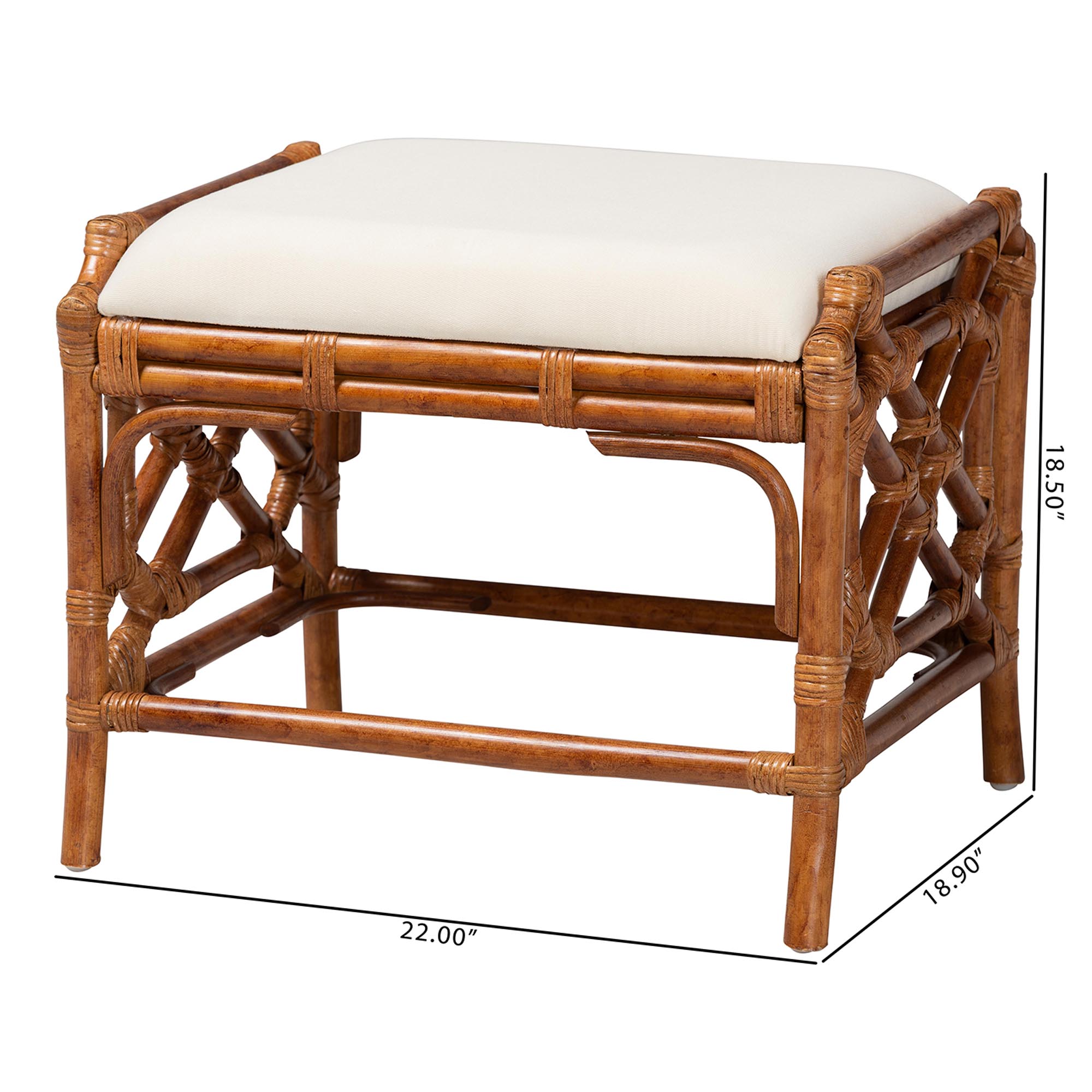 bali & pari Morley Marbled Tortoise Natural Rattan Ottoman - Handcrafted Accent Footstool with Decorative Frame, Coastal Tropical Style for Living Room