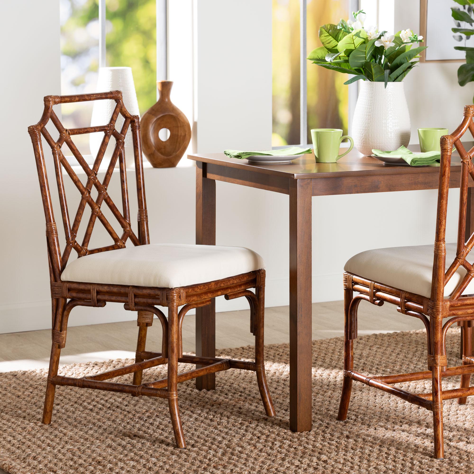 bali & pari Esmery Marbled Tortoise Natural Rattan Dining Chair - Handcrafted Wicker Side Chair with Crisscross Back, Boho Coastal Seating for Dining Room or Kitchen