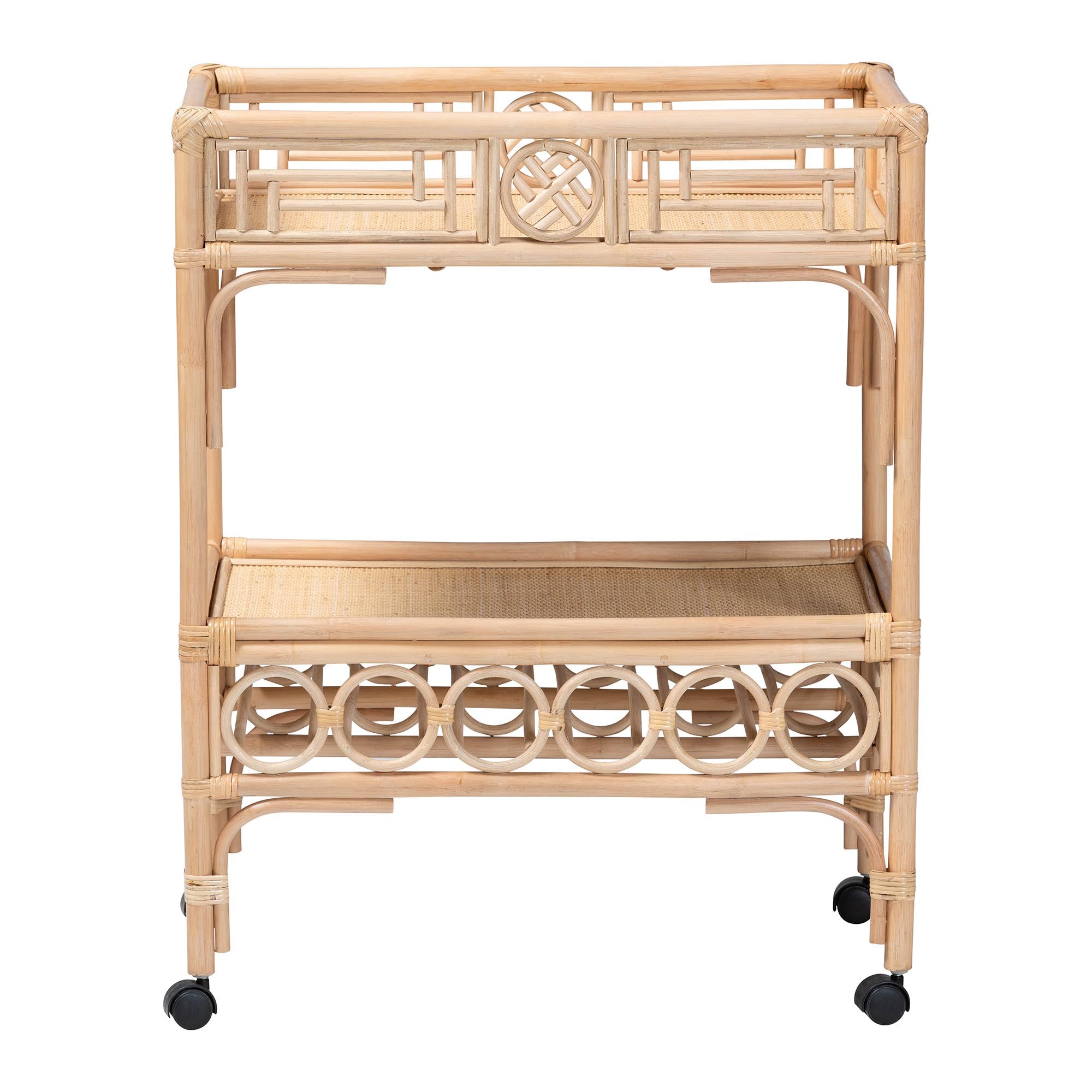 bali & pari Molina Natural Rattan Wine Cart - 2-Tier Beverage Trolley with Wheel and Bottle Holders, Tropical Coastal Style Furniture