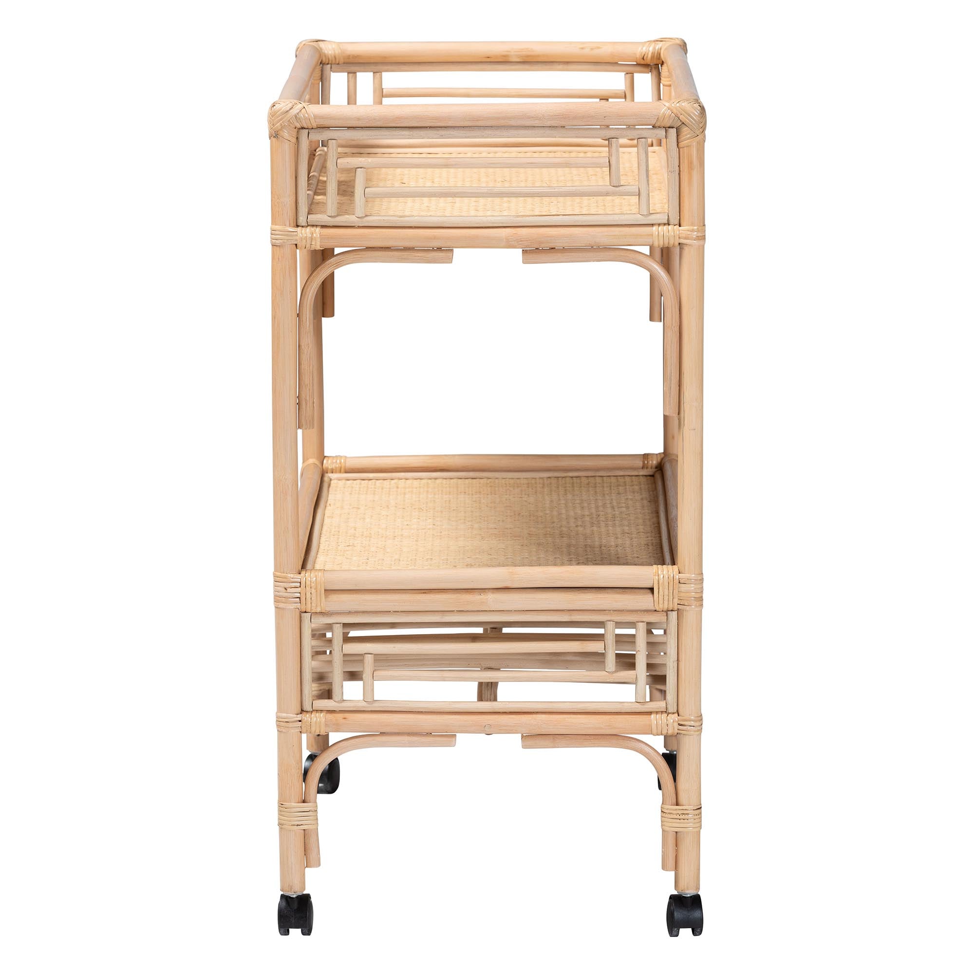 bali & pari Molina Natural Rattan Wine Cart - 2-Tier Beverage Trolley with Wheel and Bottle Holders, Tropical Coastal Style Furniture