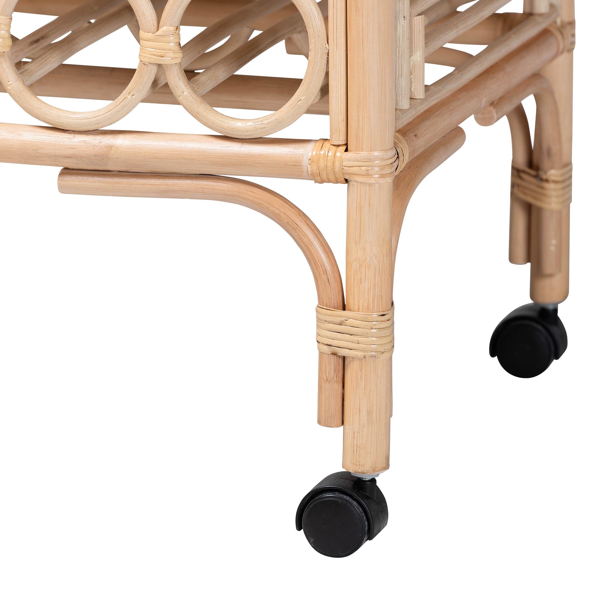 bali & pari Molina Natural Rattan Wine Cart - 2-Tier Beverage Trolley with Wheel and Bottle Holders, Tropical Coastal Style Furniture