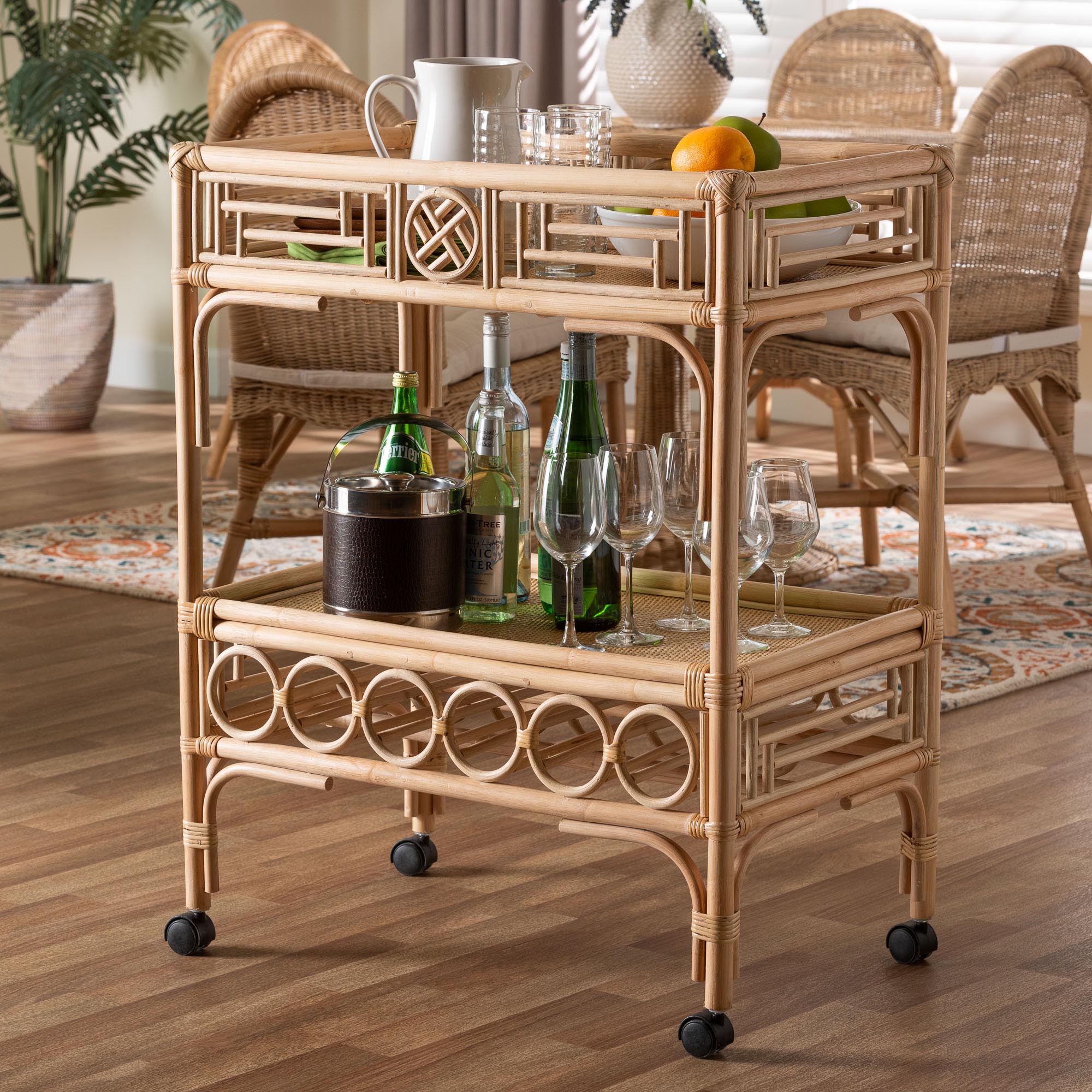 bali & pari Molina Natural Rattan Wine Cart - 2-Tier Beverage Trolley with Wheel and Bottle Holders, Tropical Coastal Style Furniture
