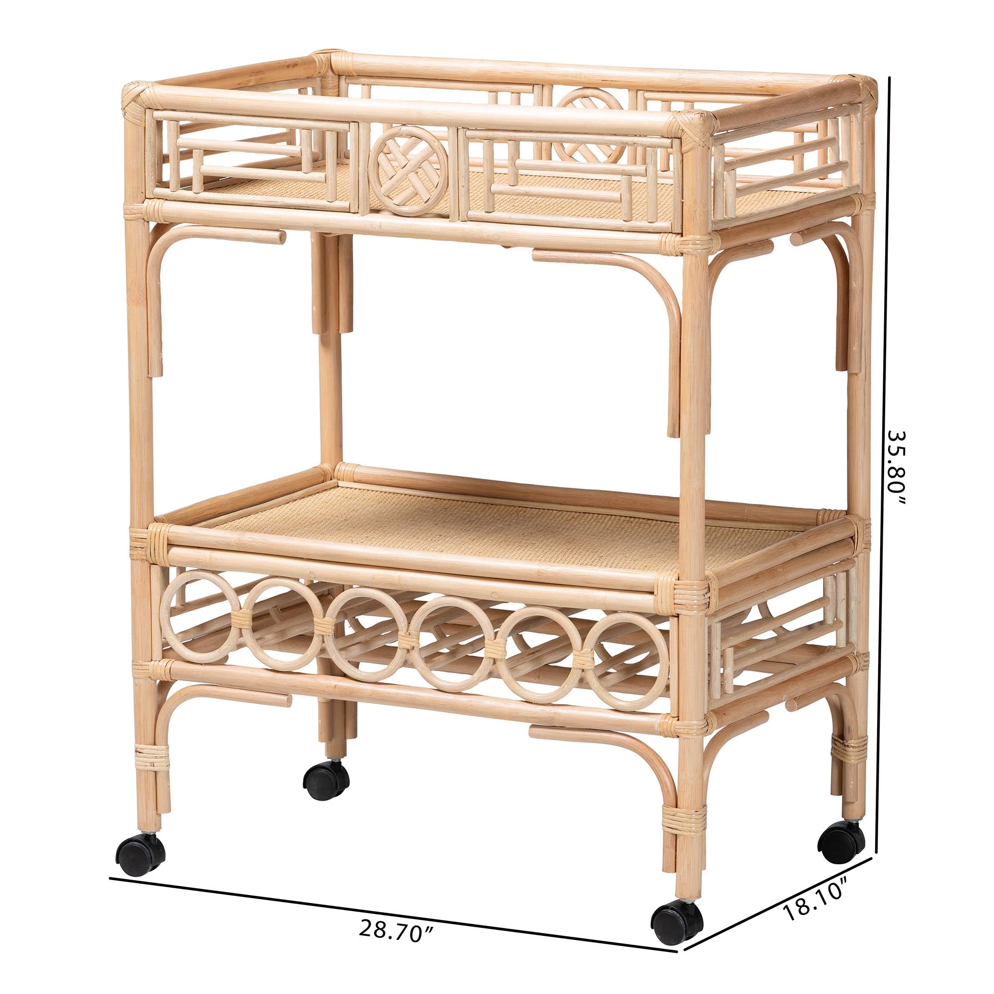 bali & pari Molina Natural Rattan Wine Cart - 2-Tier Beverage Trolley with Wheel and Bottle Holders, Tropical Coastal Style Furniture