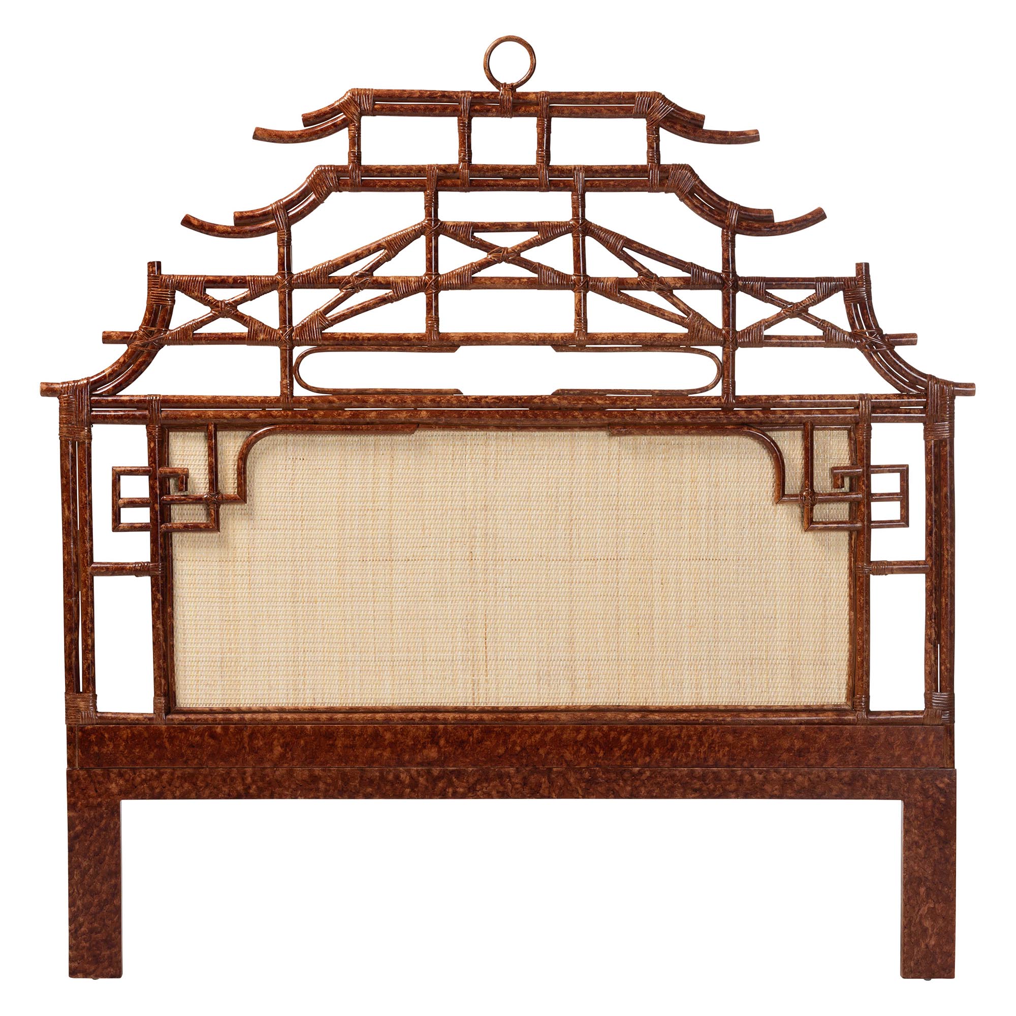 bali & pari Tamiko Marbled Tortoise Rattan Freestanding Headboard - Pagoda Inspired Standalone Headboard with Handwoven Panel, Queen