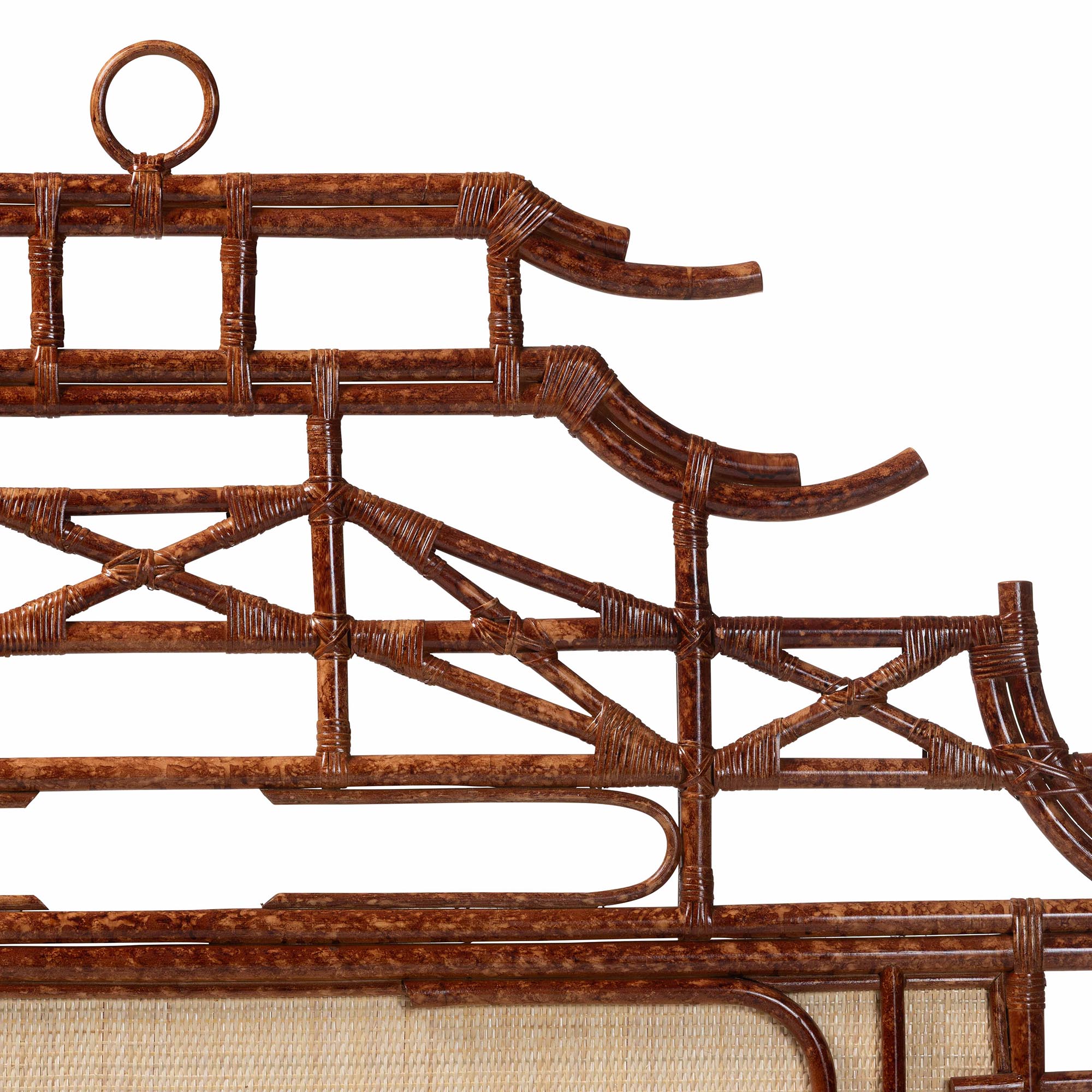 bali & pari Tamiko Marbled Tortoise Rattan Freestanding Headboard - Pagoda Inspired Standalone Headboard with Handwoven Panel, Queen