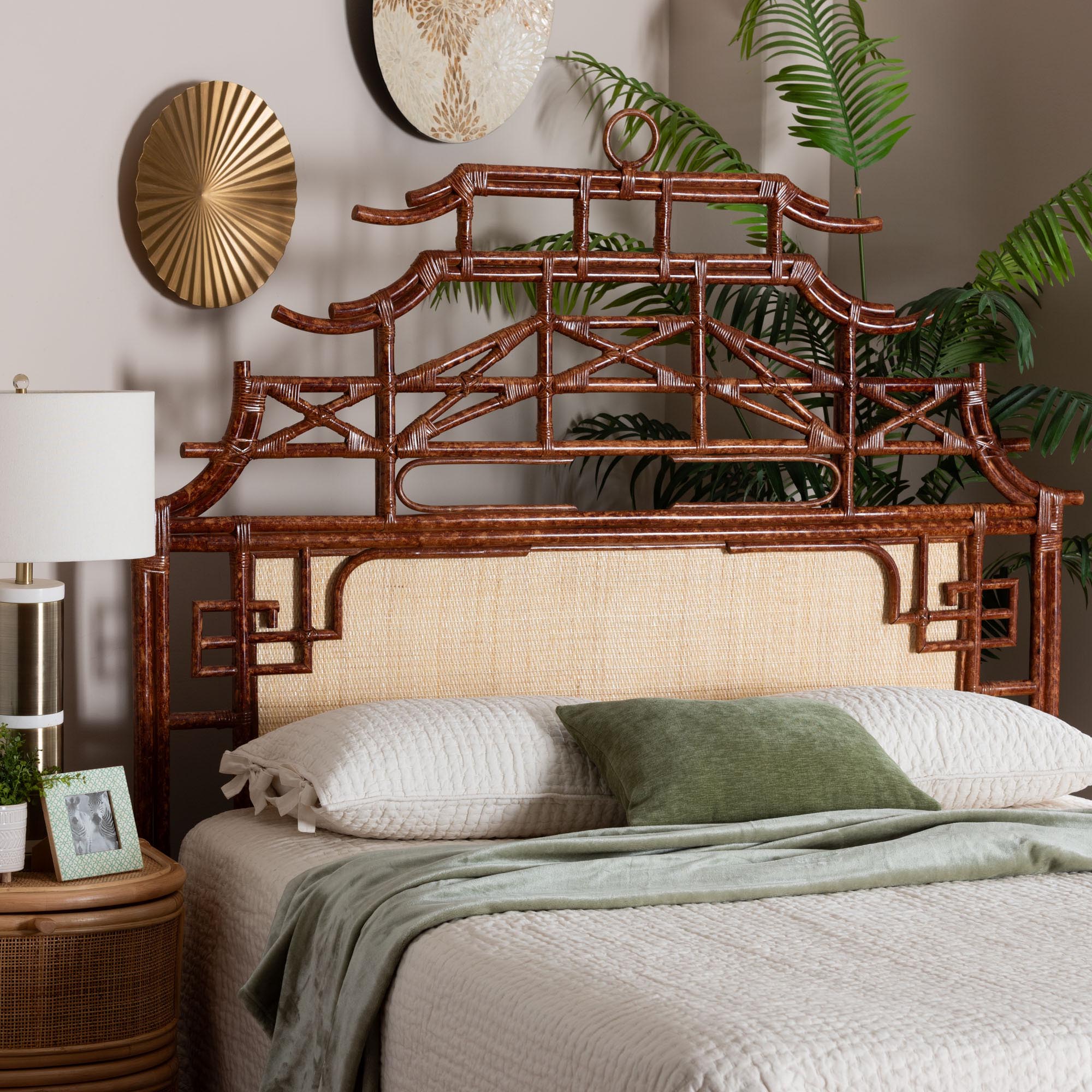 bali & pari Tamiko Marbled Tortoise Rattan Freestanding Headboard - Pagoda Inspired Standalone Headboard with Handwoven Panel, Queen