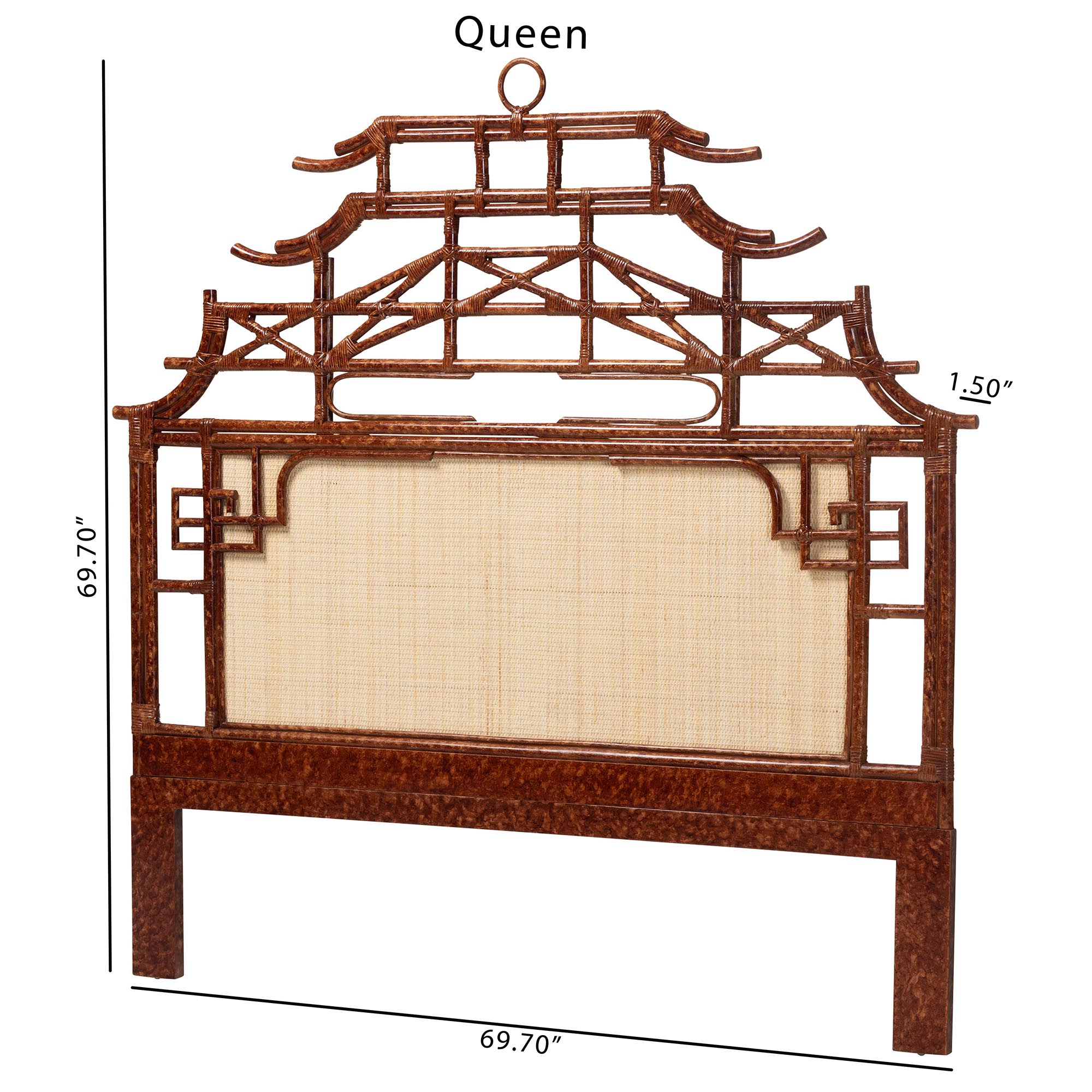 bali & pari Tamiko Marbled Tortoise Rattan Freestanding Headboard - Pagoda Inspired Standalone Headboard with Handwoven Panel, Queen