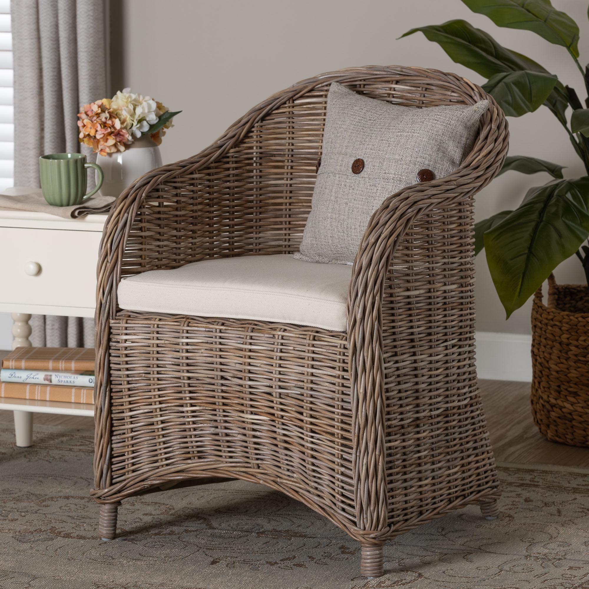 bali & pari Amanda Natural Rattan Armchair - Handwoven Wicker Barrel Chair with Removable Cushion, Coastal Boho Style Accent Seating