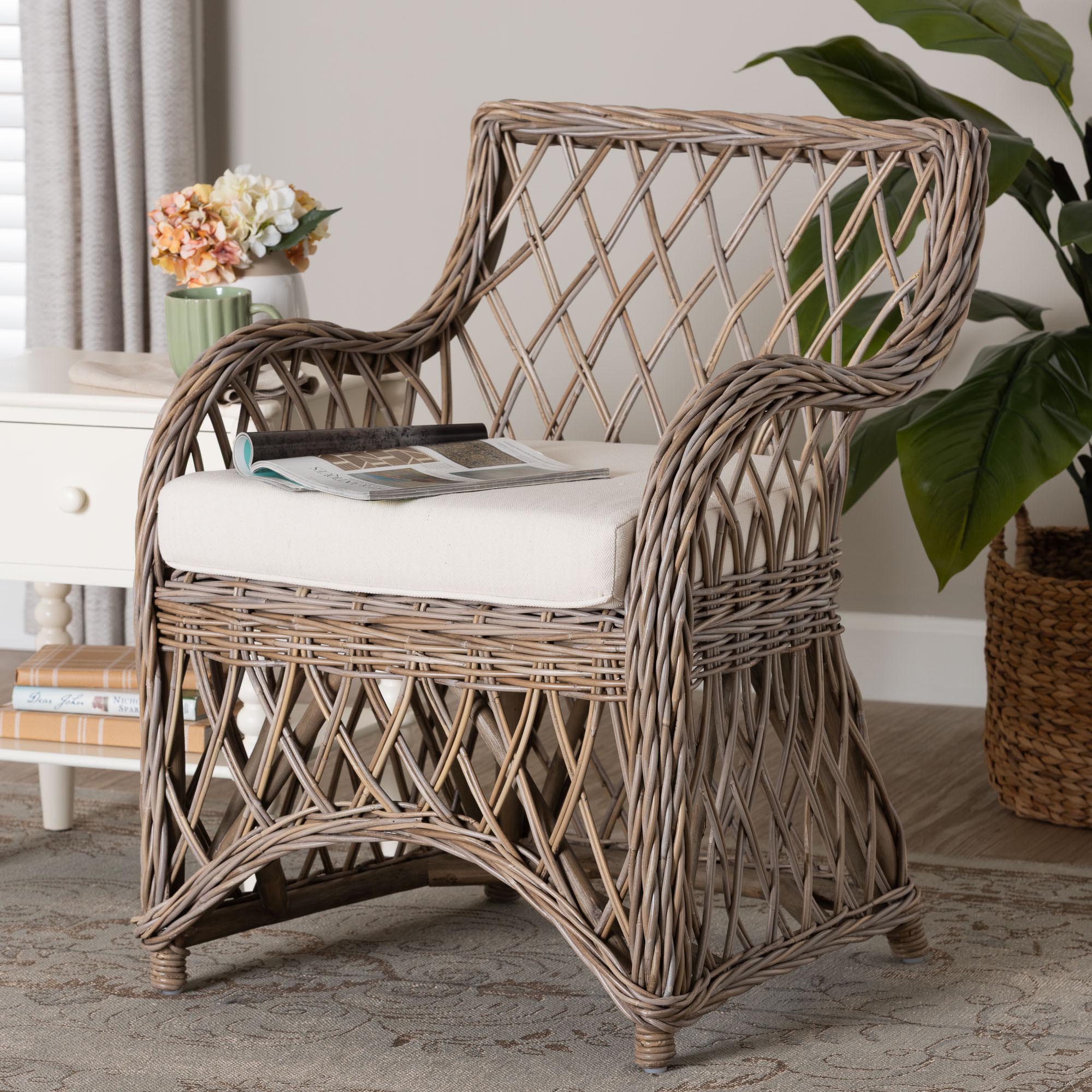 bali & pari Debra Natural Rattan Armchair - Handwoven Open-Weave Wicker Armchair with Curved Silhouette & Removable Cushion, Coastal Boho Style Seating