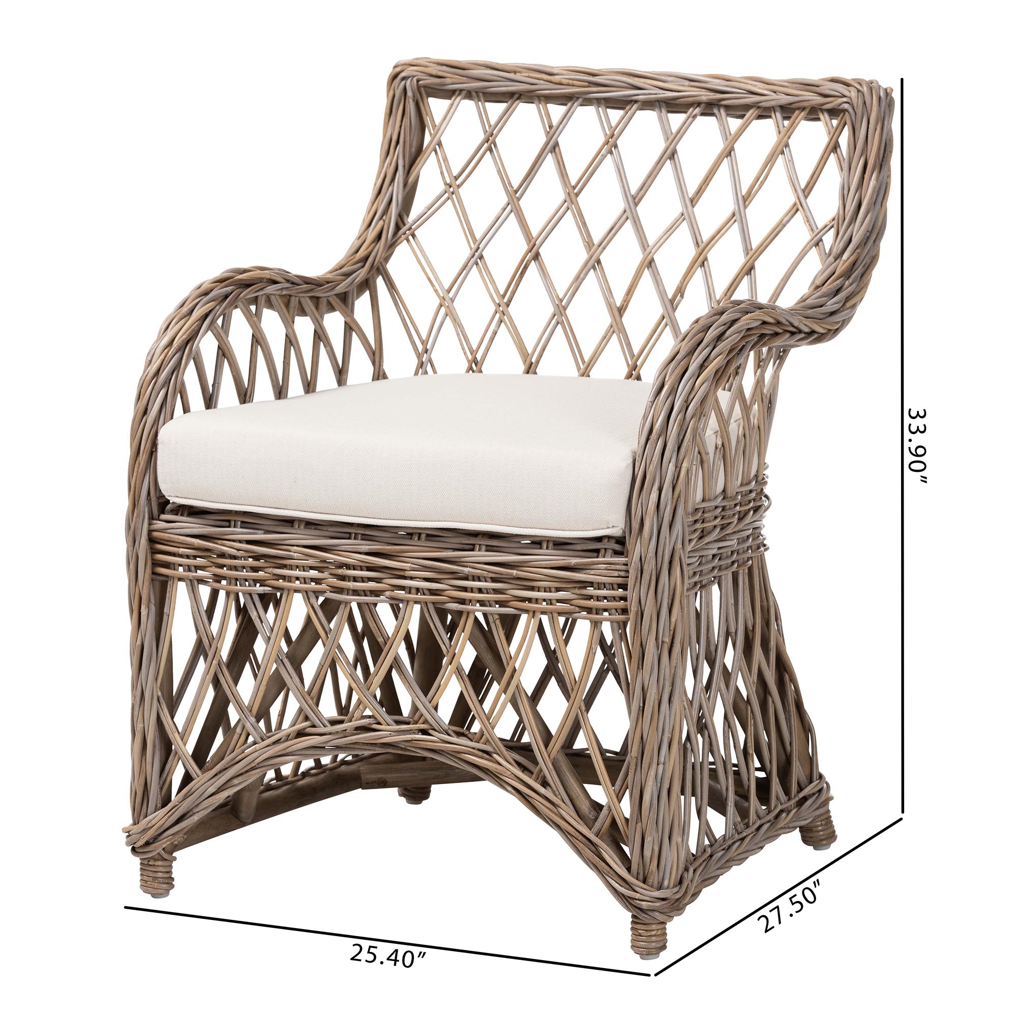 bali & pari Debra Natural Rattan Armchair - Handwoven Open-Weave Wicker Armchair with Curved Silhouette & Removable Cushion, Coastal Boho Style Seating