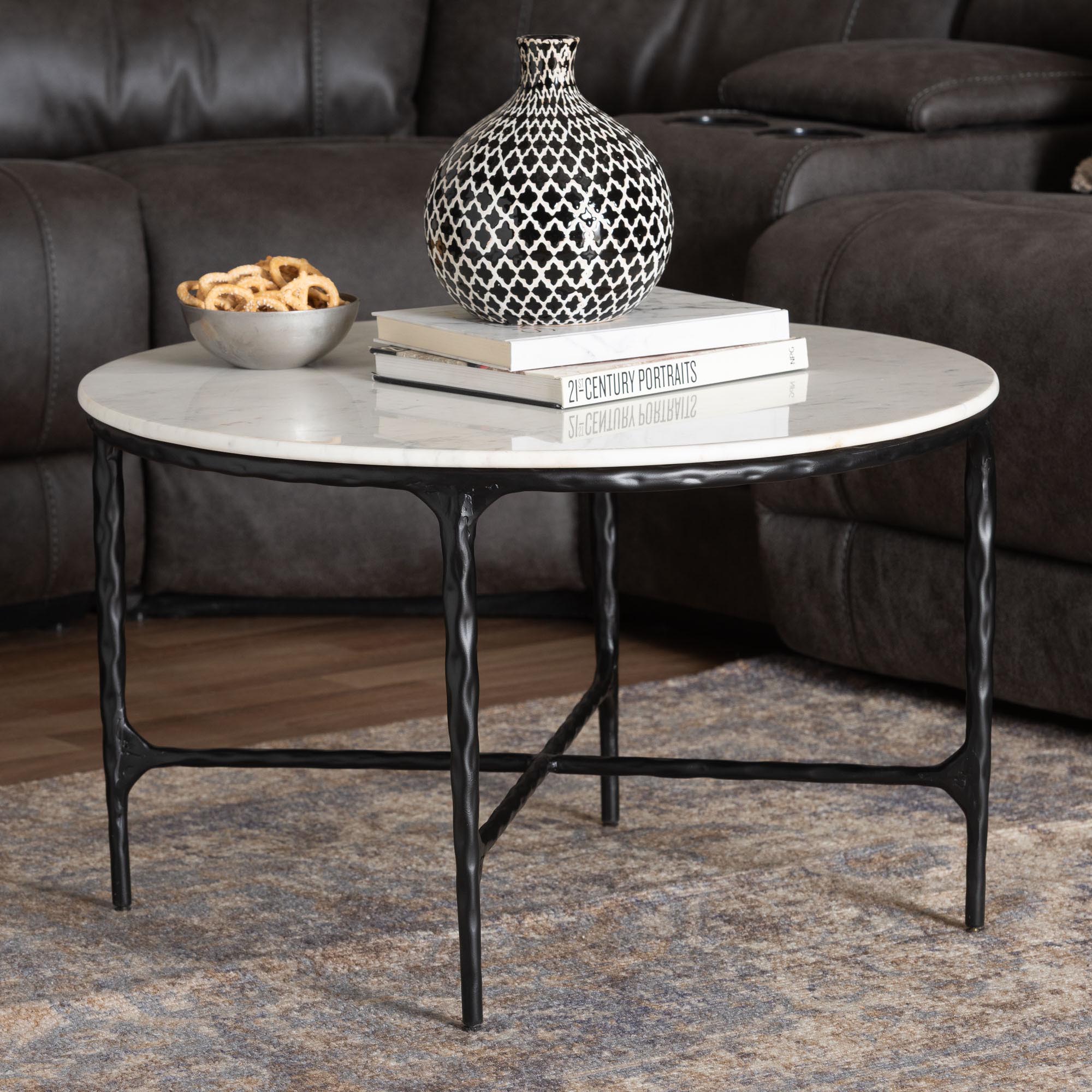 Baxton Studio Akanji Marble Coffee Table - Modern Rustic Accent Table with Hand-Forged Metal Frame for Living Room or Seating Areas, Round