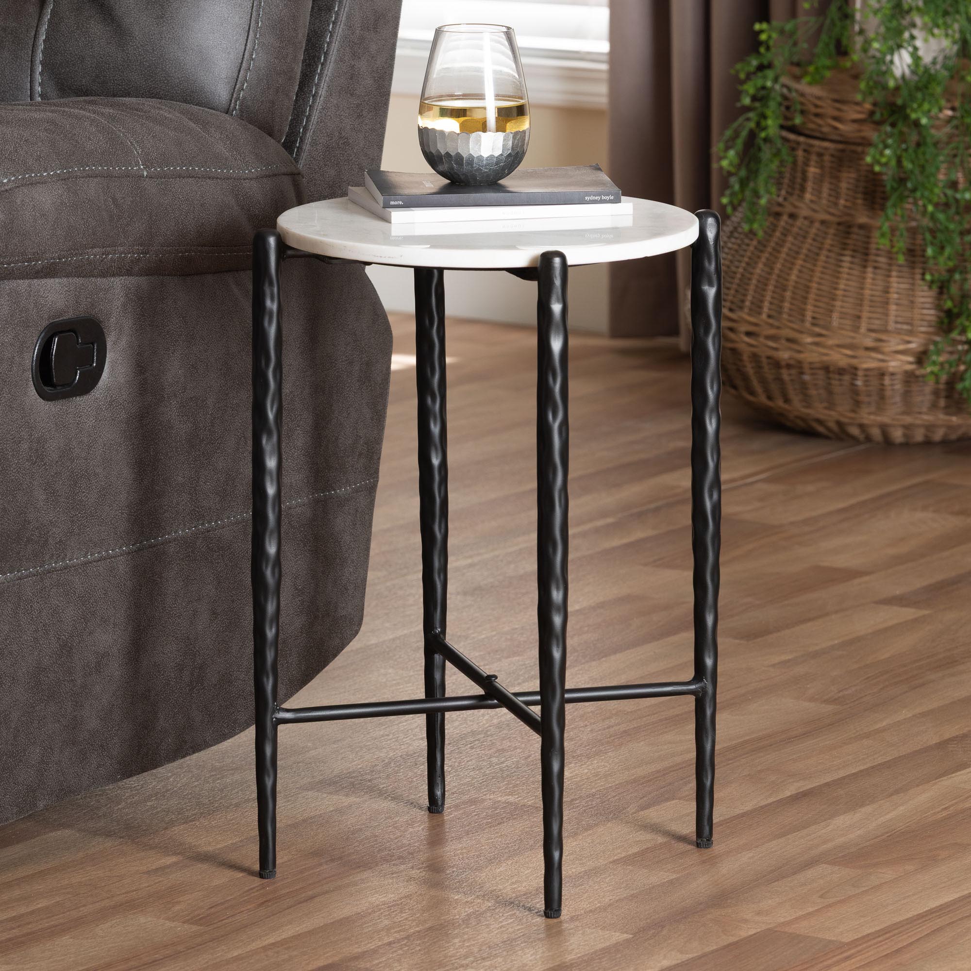 Baxton Studio Caledon Marble Side Table - Modern Rustic Accent Table with Hand-Forged Metal Frame for Living Room or Seating Areas, Round