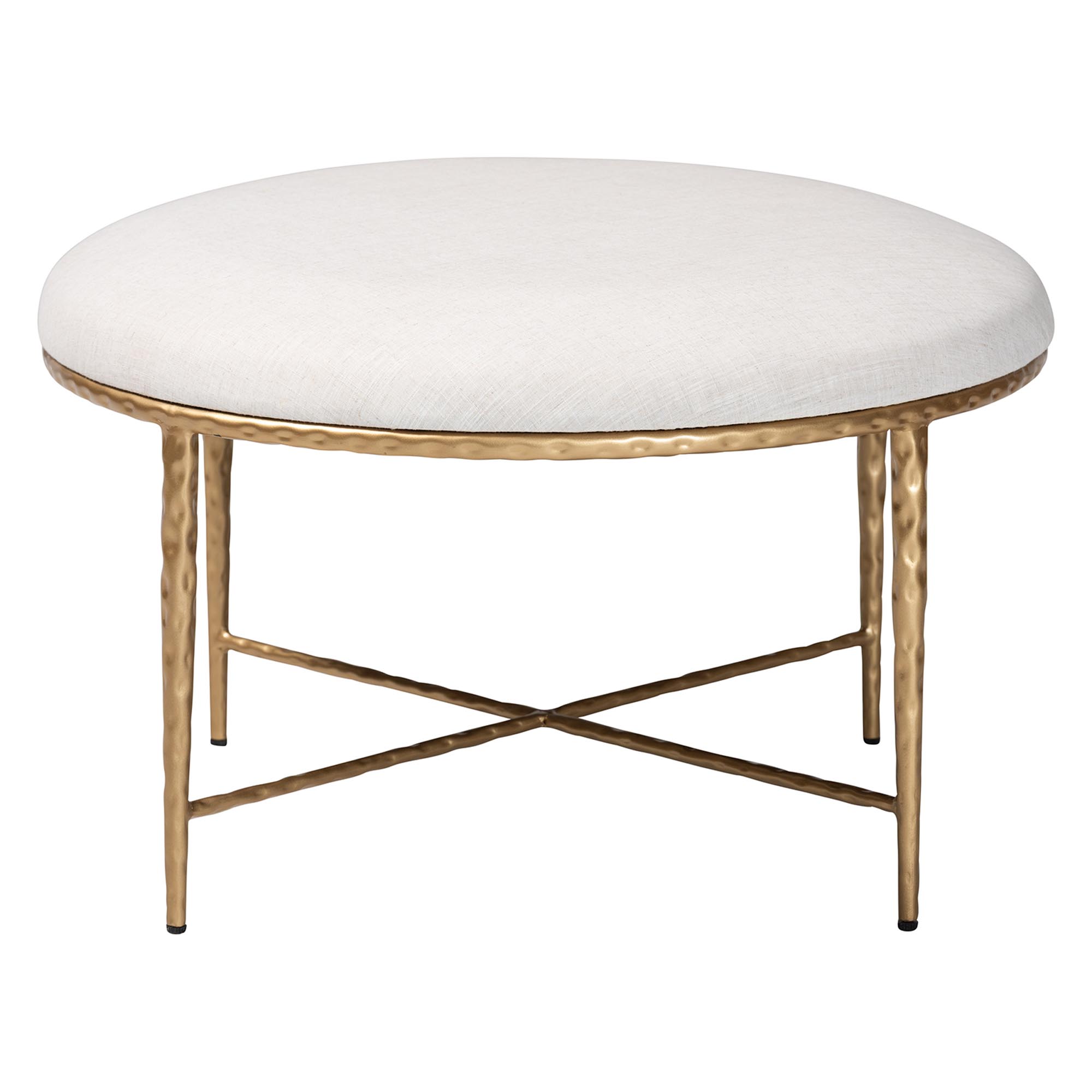 Baxton Studio Fumiye Cocktail Ottoman - Modern Rustic Accent Stool with Hand-Forged Metal Frame and Upholstered Seat for Living Room or Sitting Room, Round 30"