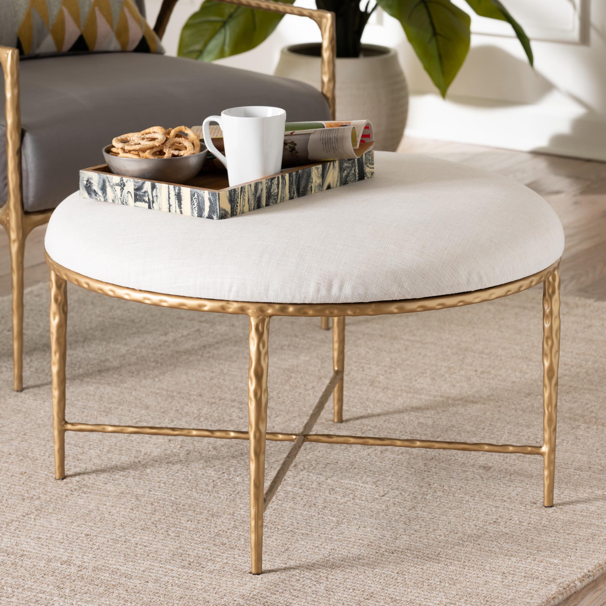 Baxton Studio Fumiye Cocktail Ottoman - Modern Rustic Accent Stool with Hand-Forged Metal Frame and Upholstered Seat for Living Room or Sitting Room, Round 30"