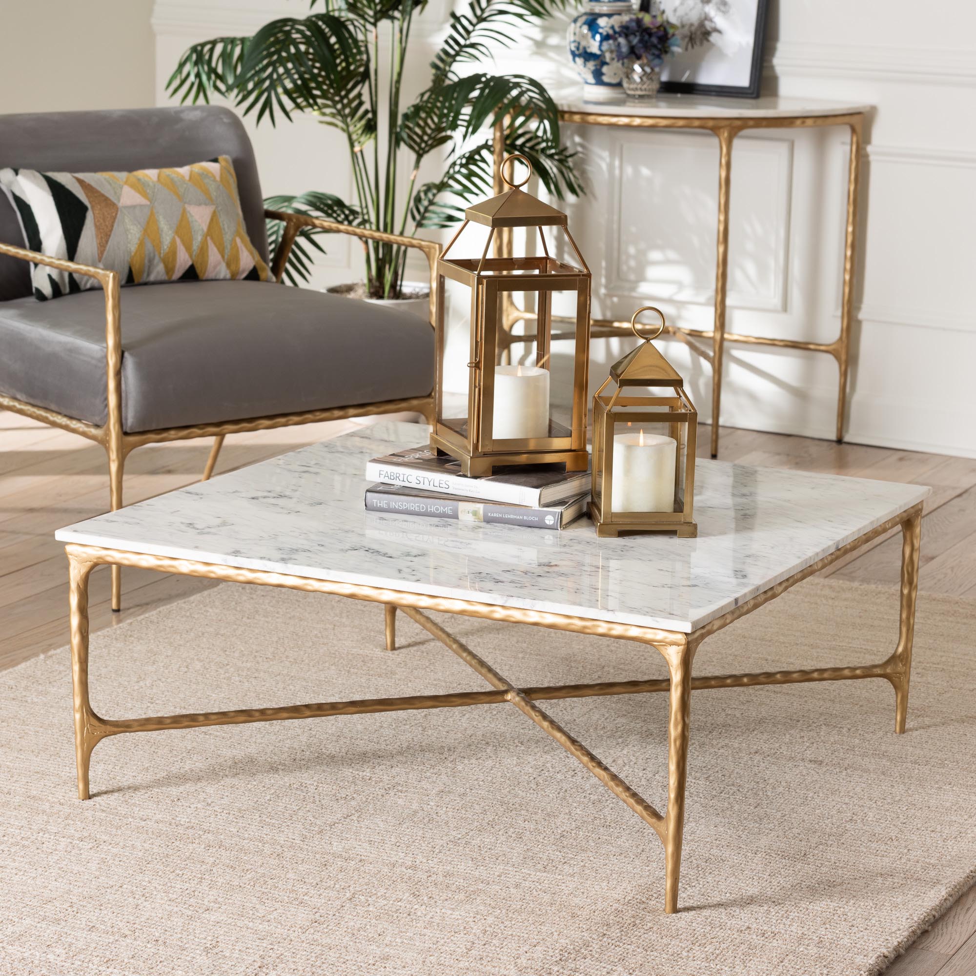 Baxton Studio Akanji Marble Coffee Table - Modern Rustic Accent Table with Hand-Forged Metal Frame for Living Room or Seating Areas, Square