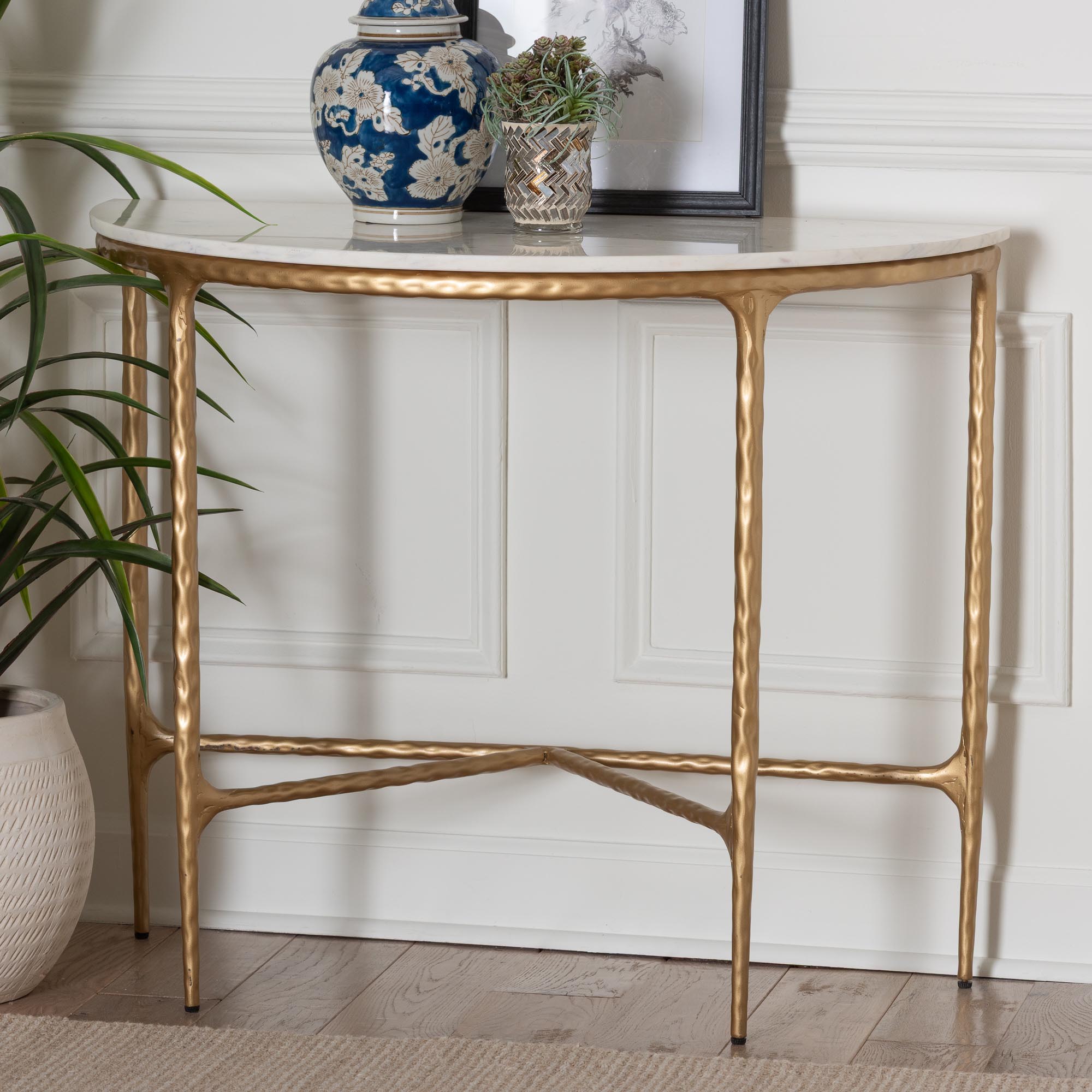 Baxton Studio Akanji Marble Console Table - Modern Rustic Accent Table with Hand-Forged Metal Frame and Half-Moon Tabletop