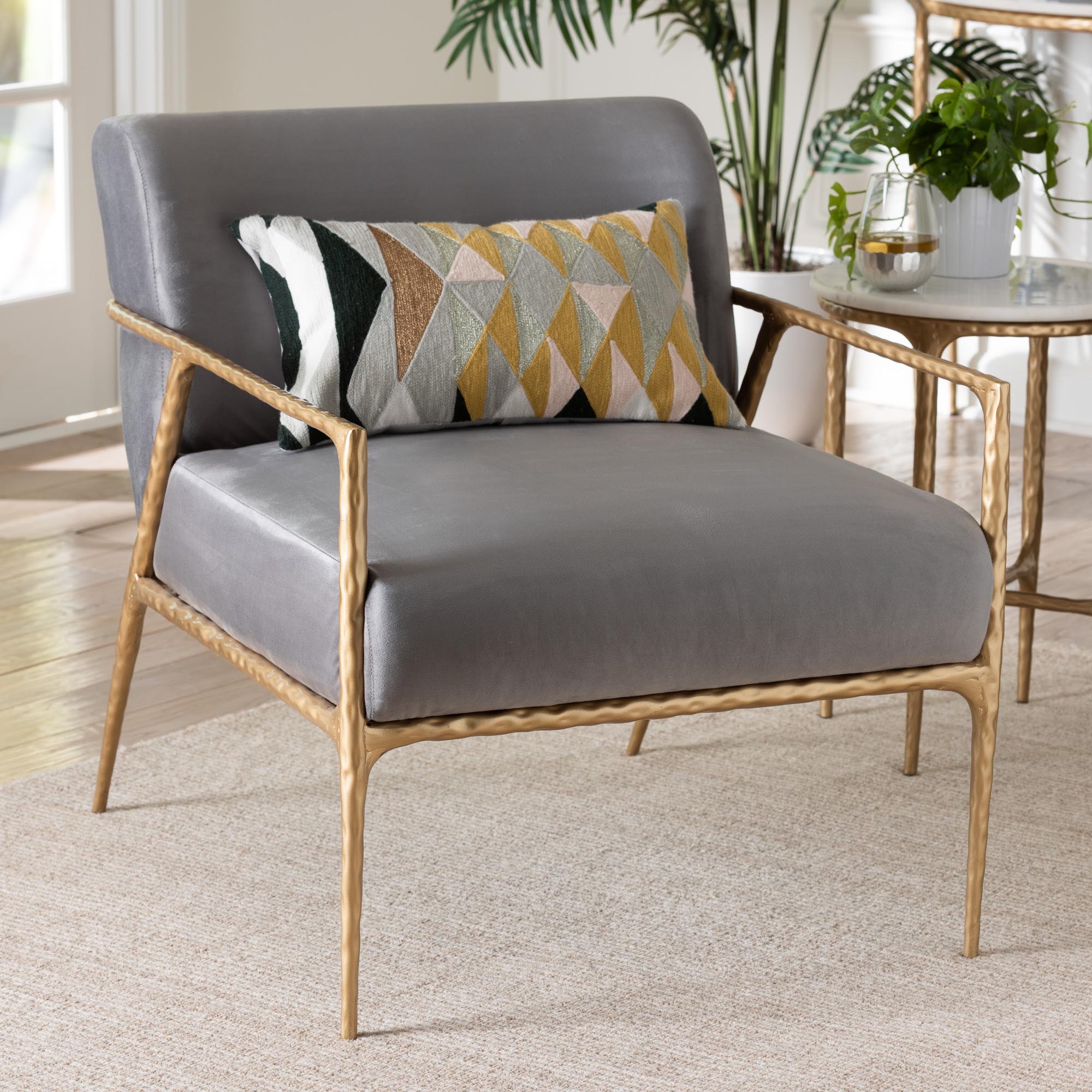 Baxton Studio Ilmari Velvet Lounge Chair with Track Arms - Modern Rustic Armchair with Hand-Forged Metal Frame for Living Room or Lounge