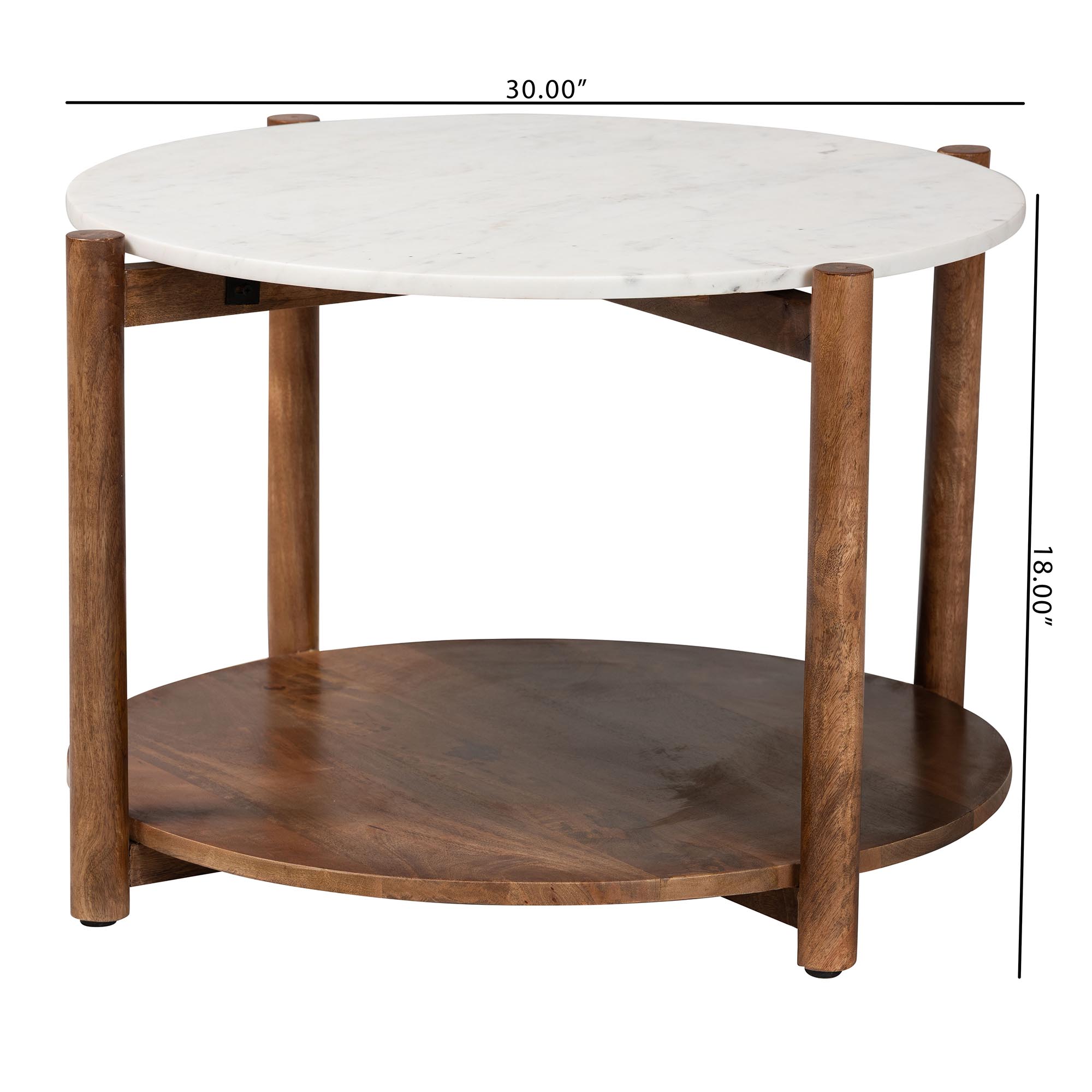 Baxton Studio Quindalyn Round Marble Coffee Table - Modern Accent Table with Mango Wood Frame and Open Shelf Storage for Living Room or Seating Areas