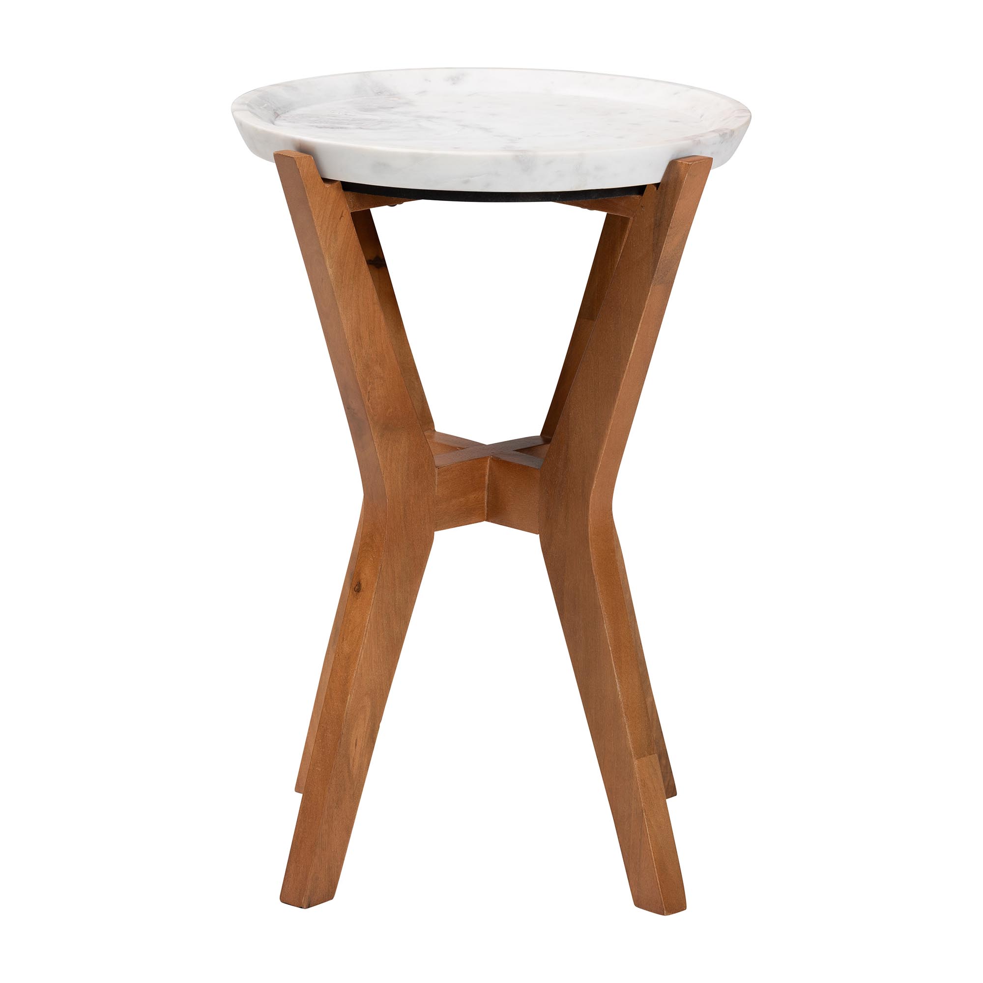 Baxton Studio Phaedra Round Marble End Table - Modern Accent Table with Mango Wood Frame and Tray Tabletop for Living Room or Seating Area