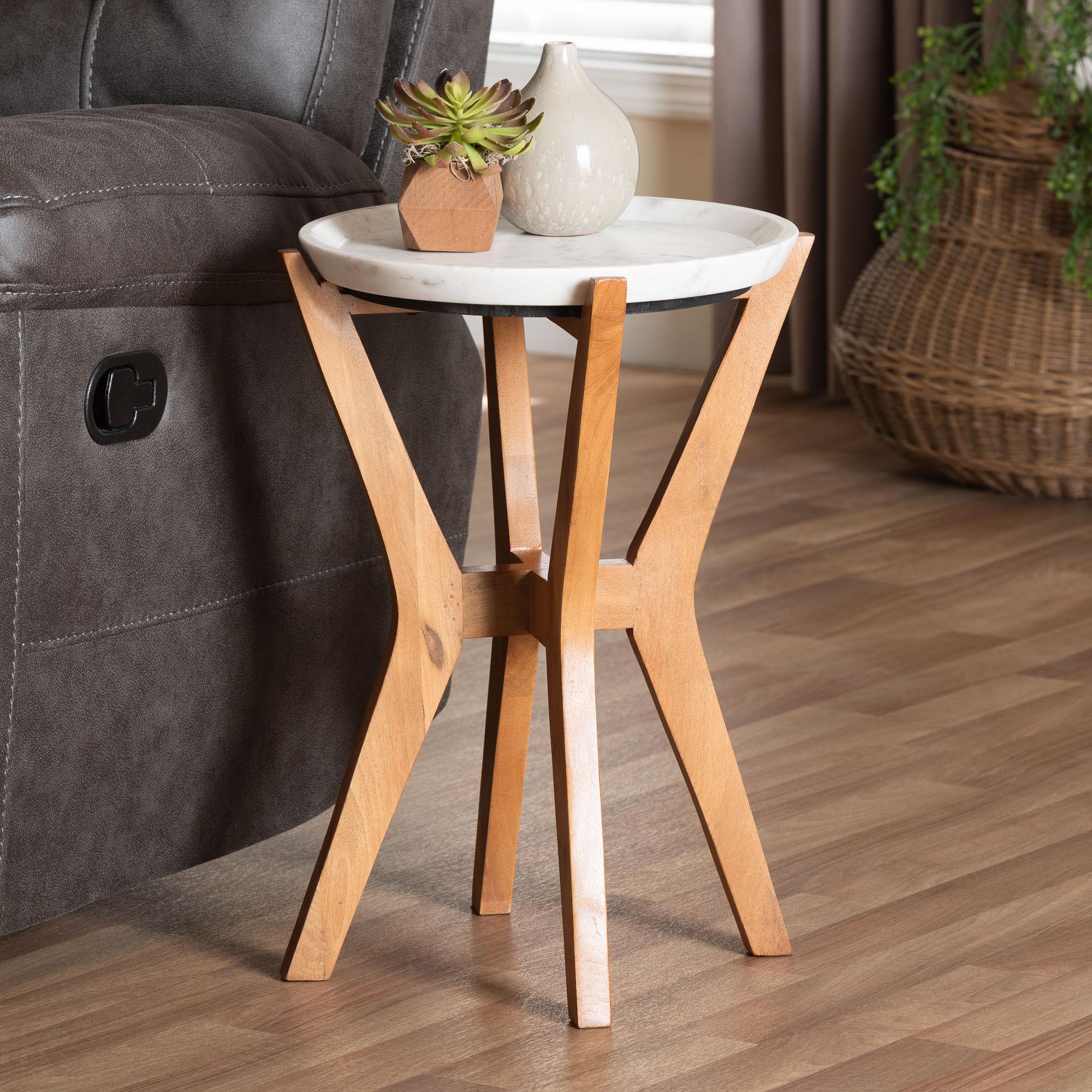 Baxton Studio Phaedra Round Marble End Table - Modern Accent Table with Mango Wood Frame and Tray Tabletop for Living Room or Seating Area