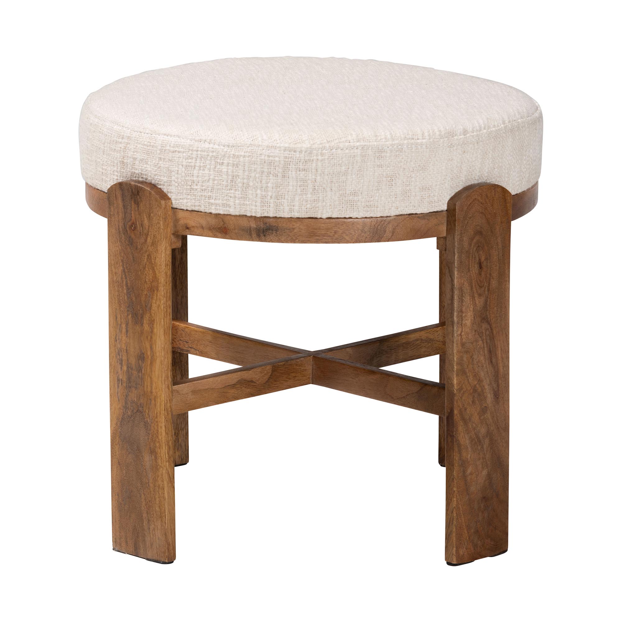 Baxton Studio Whitfield Round Fabric Ottoman Stool - Modern Accent Seating or Footstool with Upholstered Cushion and Mango Wood Frame for Living Room, Bedroom, or Lounge Seating