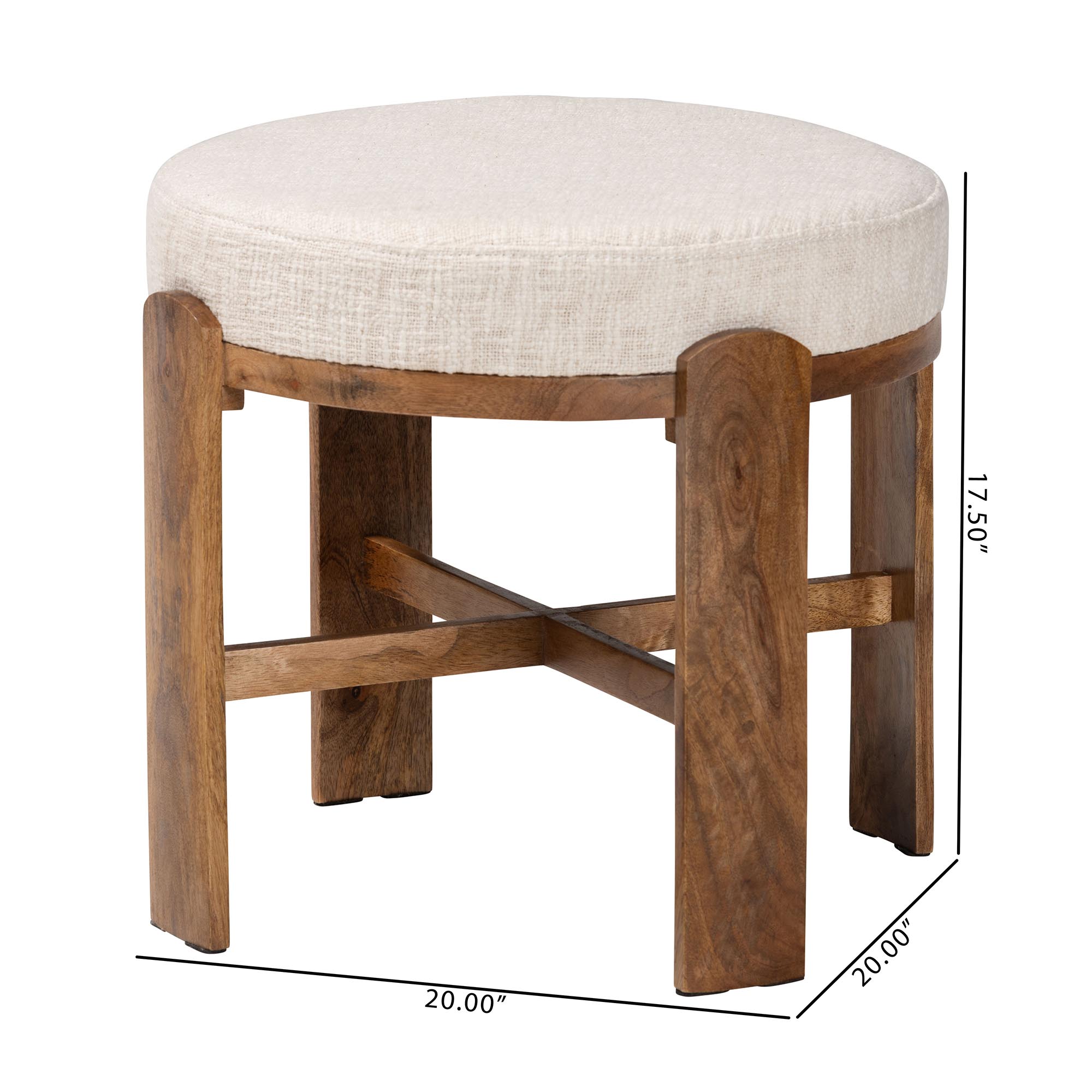 Baxton Studio Whitfield Round Fabric Ottoman Stool - Modern Accent Seating or Footstool with Upholstered Cushion and Mango Wood Frame for Living Room, Bedroom, or Lounge Seating