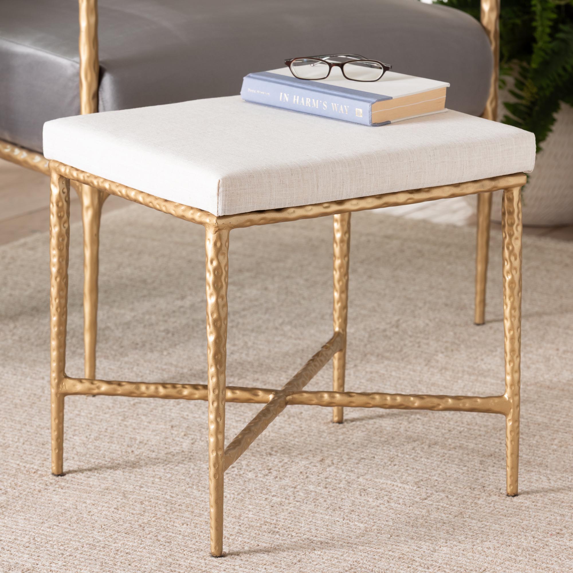 Baxton Studio Fumiye Ottoman Footstool - Modern Rustic Accent Stool with Hand-Forged Metal Frame and Upholstered Seat for Living Room or Sitting Room, Rectangle 18"