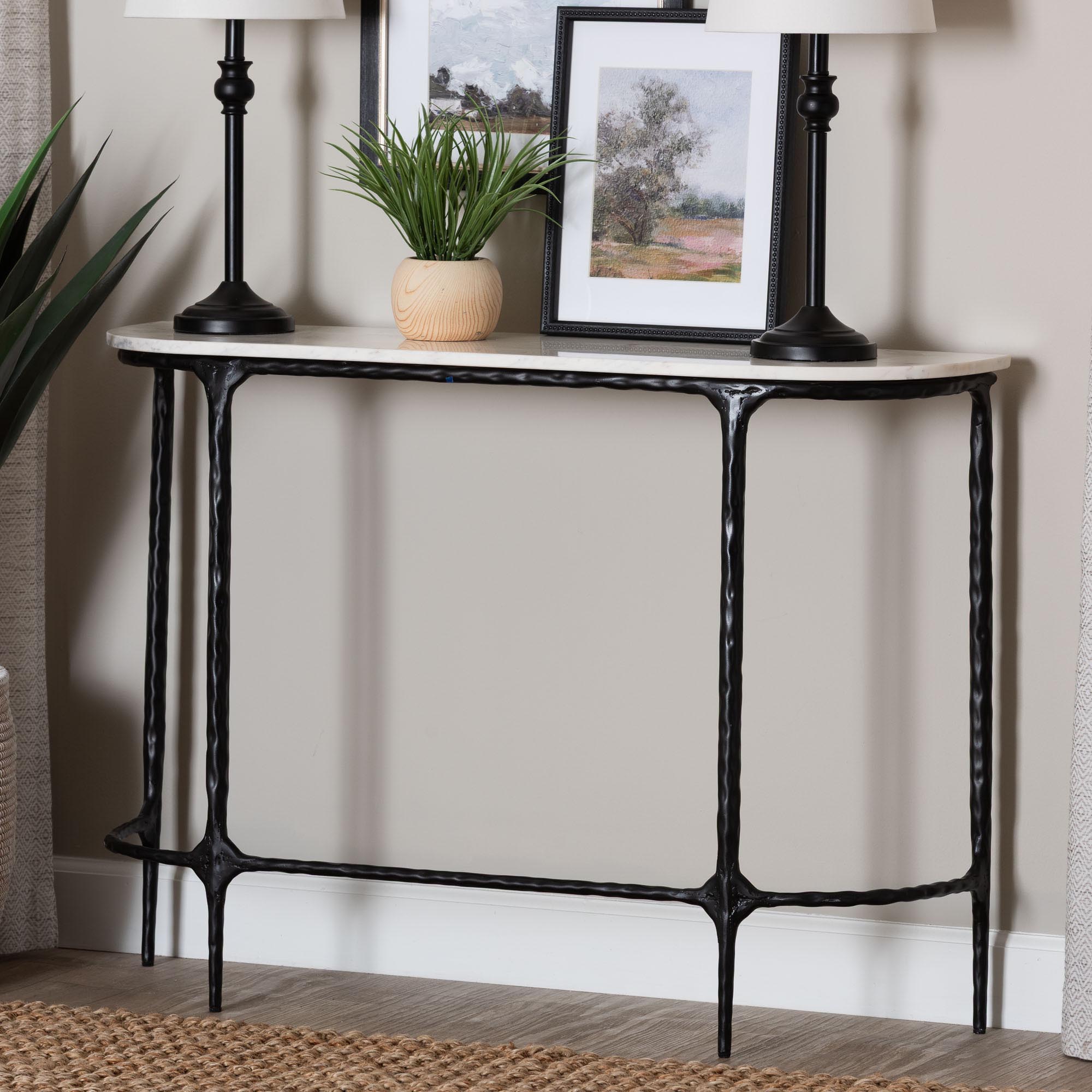 Baxton Studio Edsel Marble Console Table - Modern Rustic Accent Table with Hand-Forged Metal Frame for Living Room or Entryway, Rounded