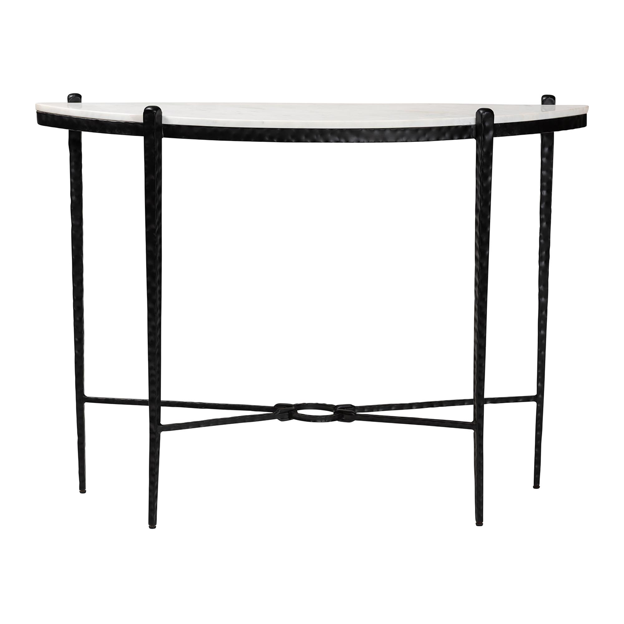 Baxton Studio Caledon Marble Console Table - Modern Rustic Accent Table with Hand-Forged Metal Frame and Half-Moon Tabletop