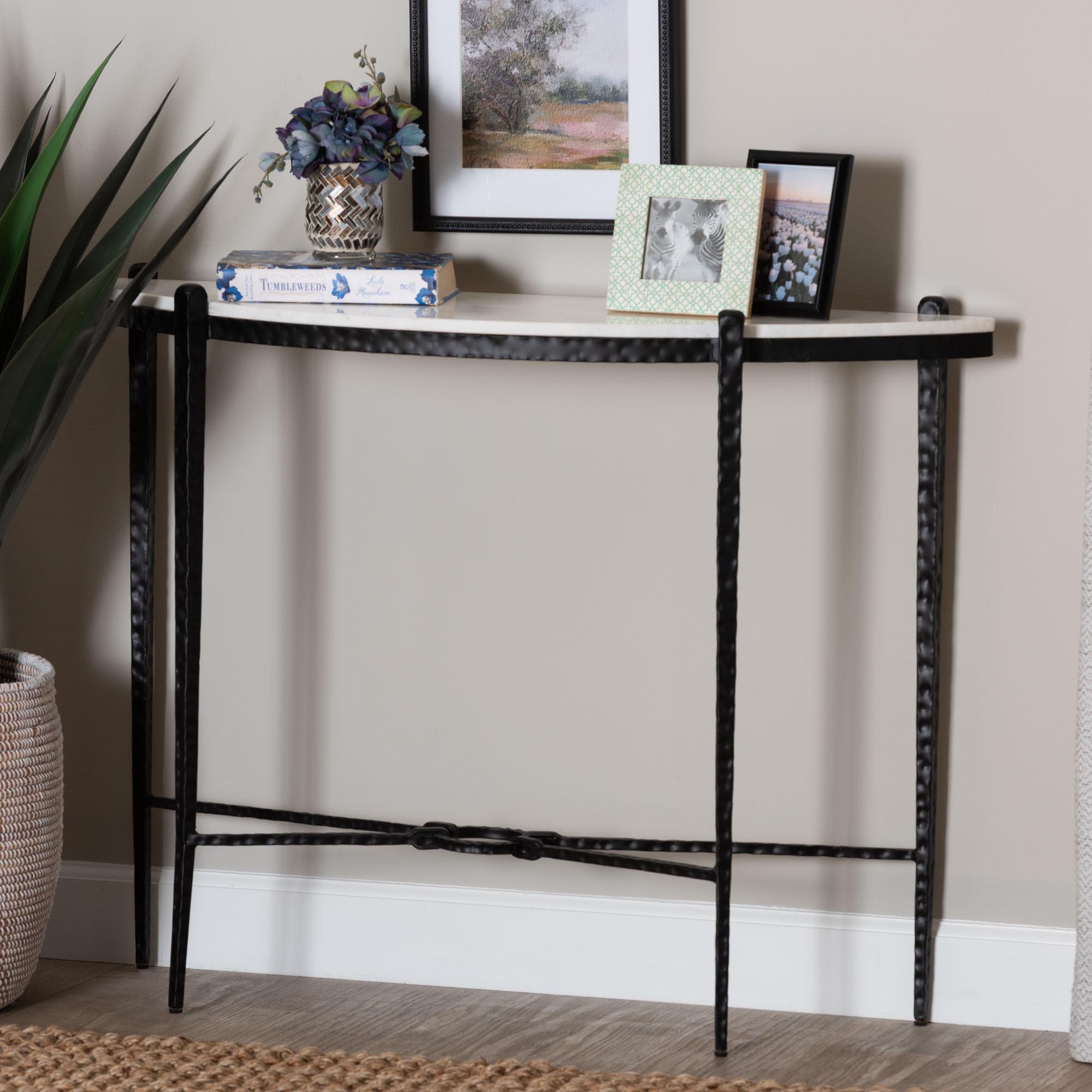 Baxton Studio Caledon Marble Console Table - Modern Rustic Accent Table with Hand-Forged Metal Frame and Half-Moon Tabletop