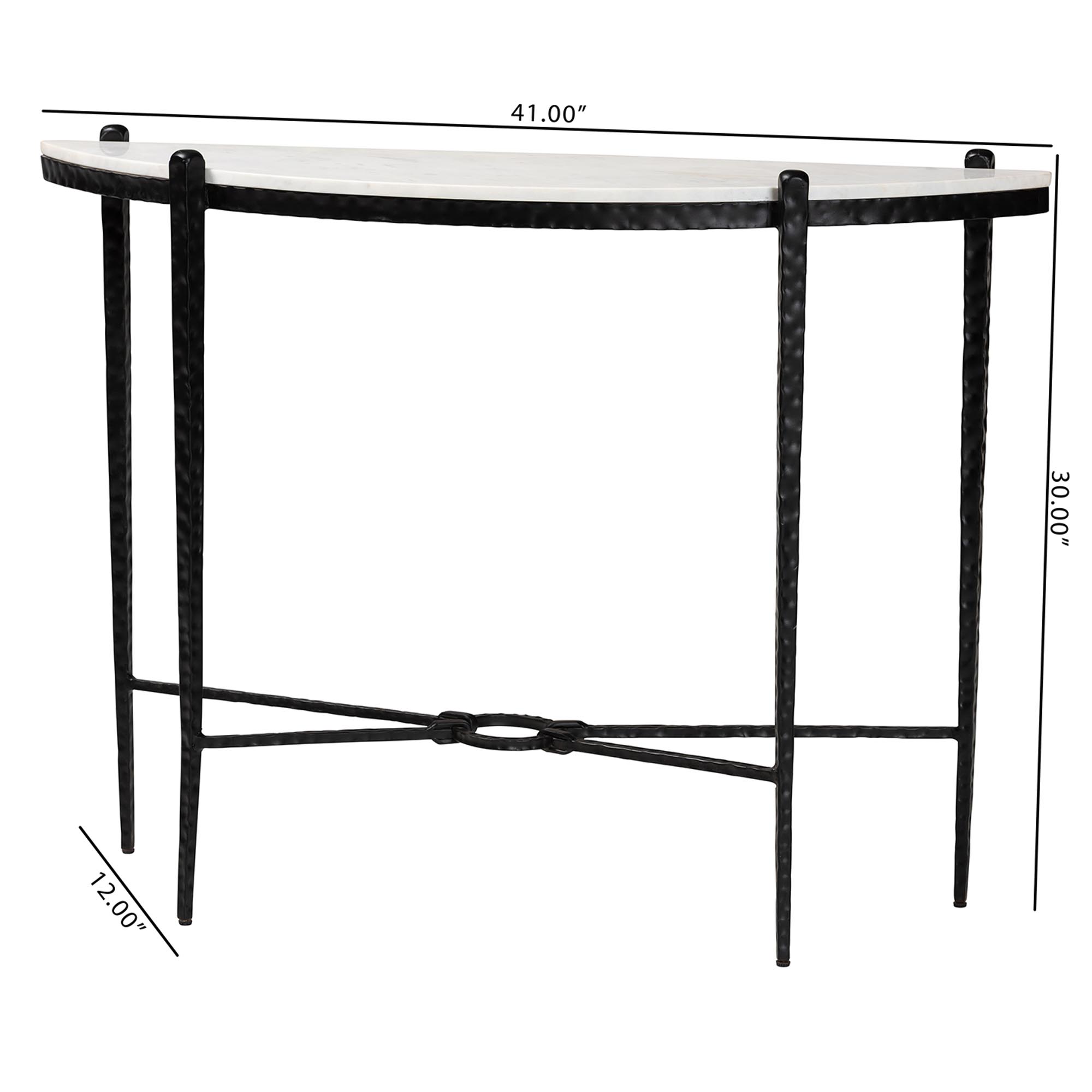Baxton Studio Caledon Marble Console Table - Modern Rustic Accent Table with Hand-Forged Metal Frame and Half-Moon Tabletop