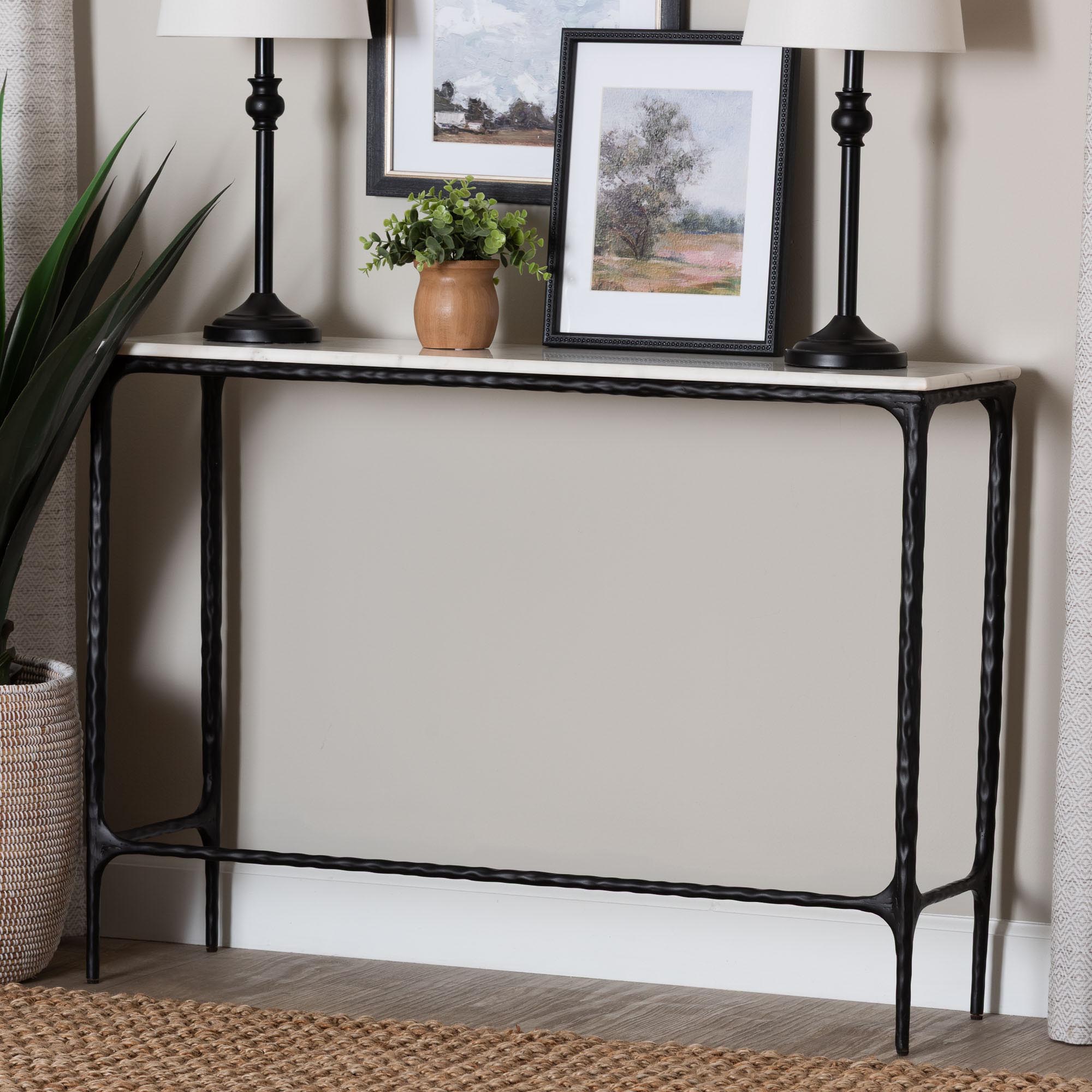 Baxton Studio Edsel Marble Console Table - Modern Rustic Accent Table with Hand-Forged Metal Frame for Living Room or Entryway, Rectangle