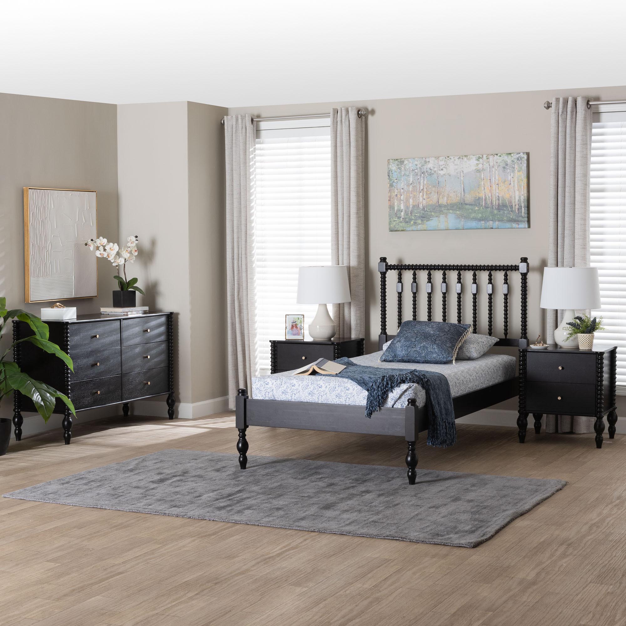 Baxton Studio Callison Spindle 4-Piece Bedroom Set - Farmhouse Platform Bed with Matching Dresser and 2-Drawer Nightstands, Black, Twin