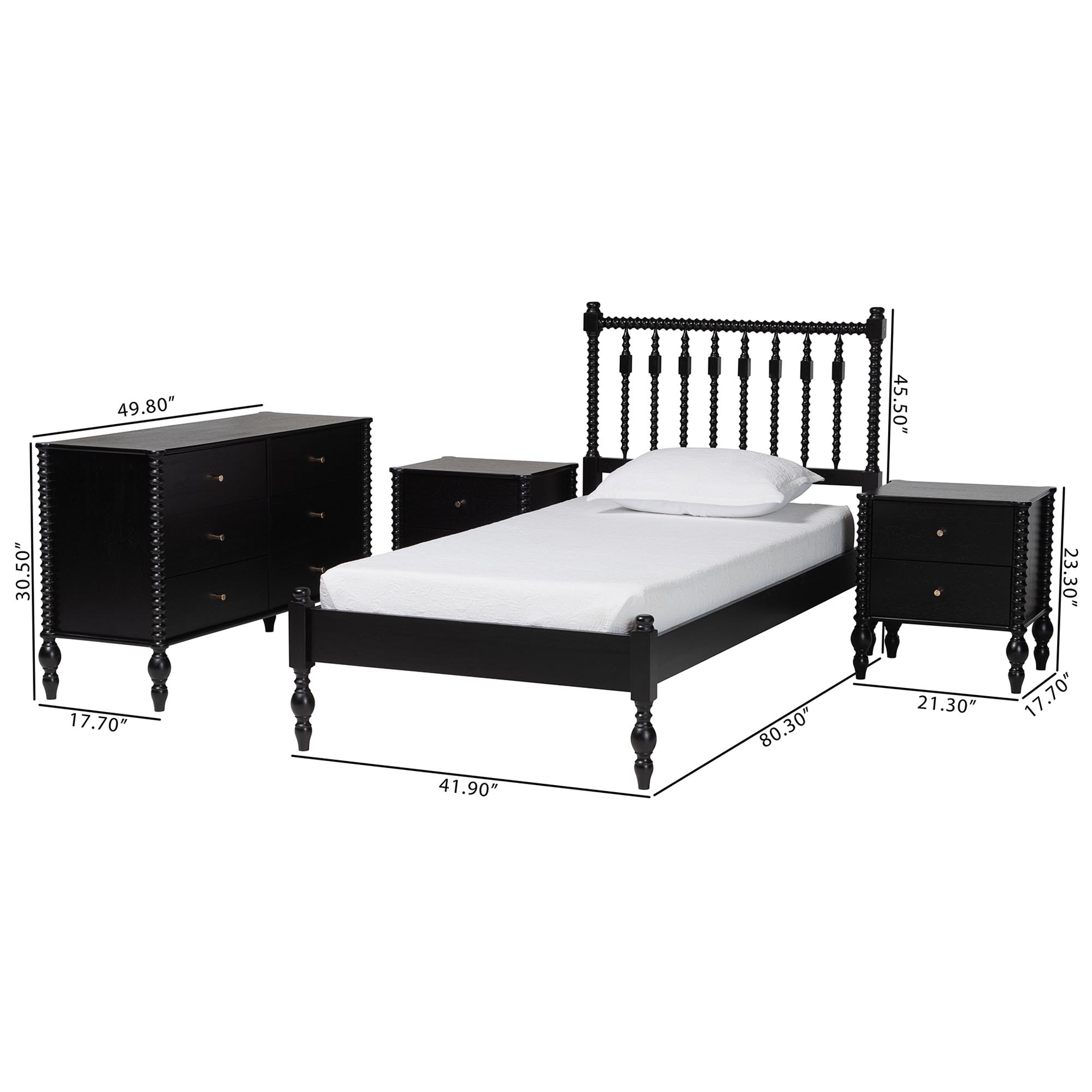 Baxton Studio Callison Spindle 4-Piece Bedroom Set - Farmhouse Platform Bed with Matching Dresser and 2-Drawer Nightstands, Black, Twin