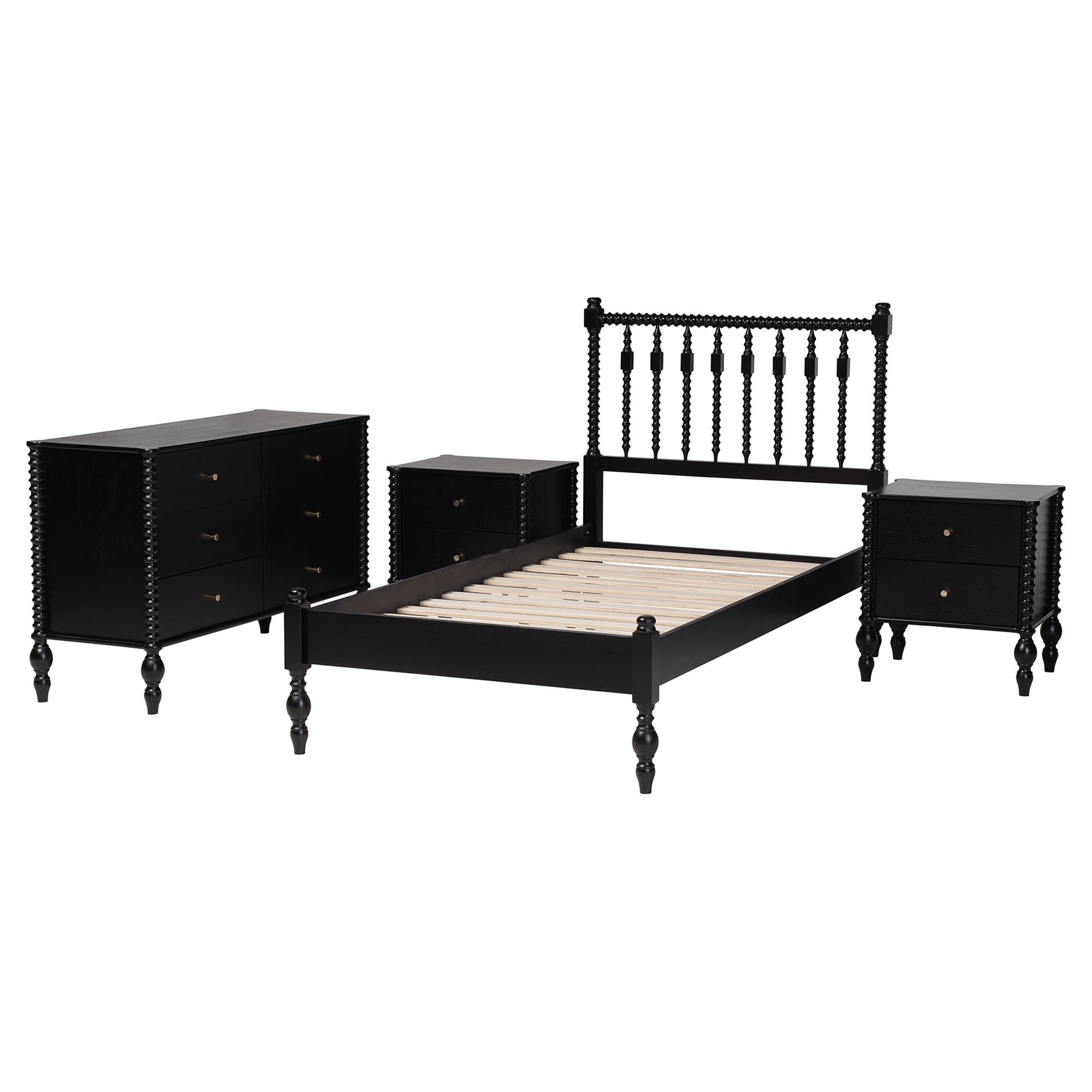 Baxton Studio Callison Spindle 4-Piece Bedroom Set - Farmhouse Platform Bed with Matching Dresser and 2-Drawer Nightstands, Black, Twin