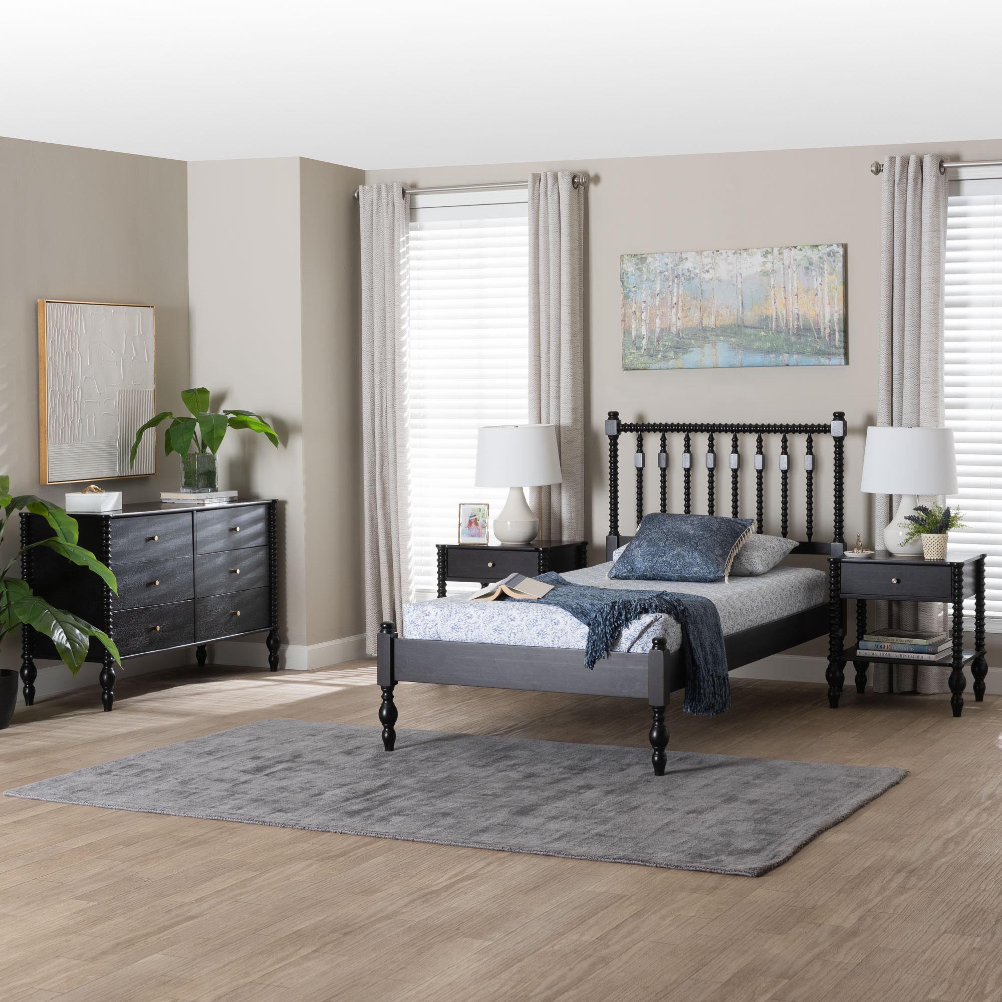 Baxton Studio Denita Spindle 4-Piece Bedroom Set - Farmhouse Platform Bed with Matching Dresser and 1-Drawer Nightstands, Black, Twin