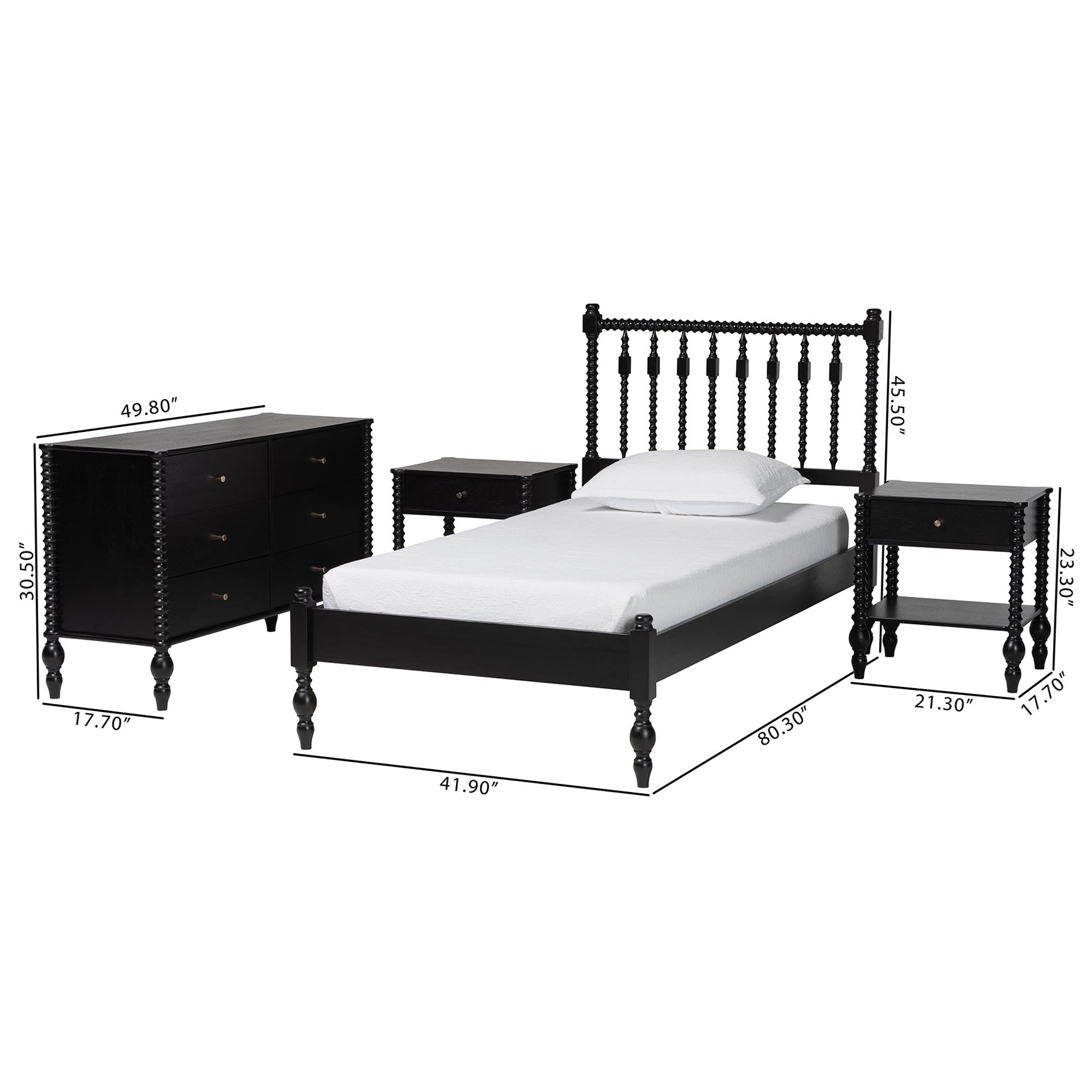 Baxton Studio Denita Spindle 4-Piece Bedroom Set - Farmhouse Platform Bed with Matching Dresser and 1-Drawer Nightstands, Black, Twin