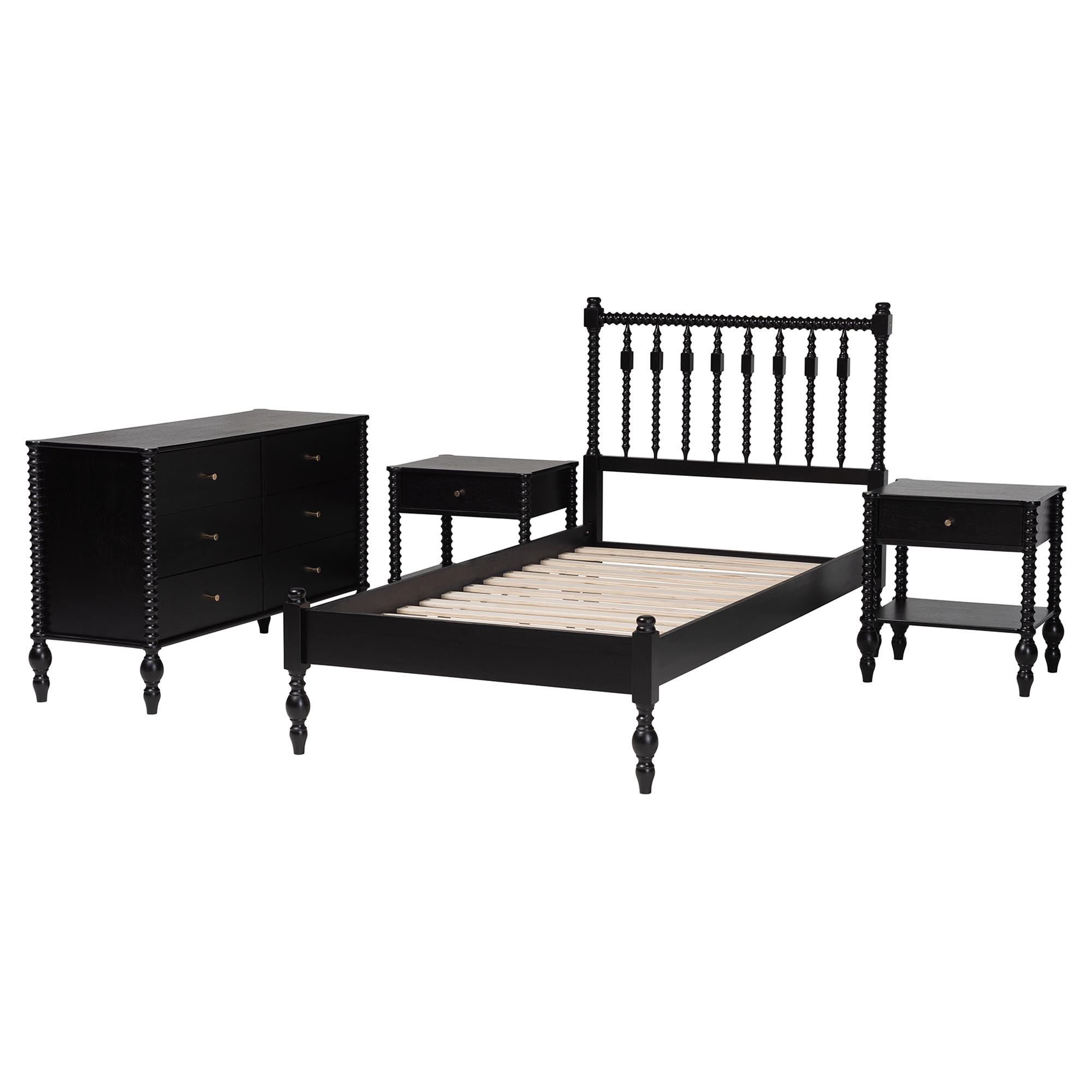 Baxton Studio Denita Spindle 4-Piece Bedroom Set - Farmhouse Platform Bed with Matching Dresser and 1-Drawer Nightstands, Black, Twin