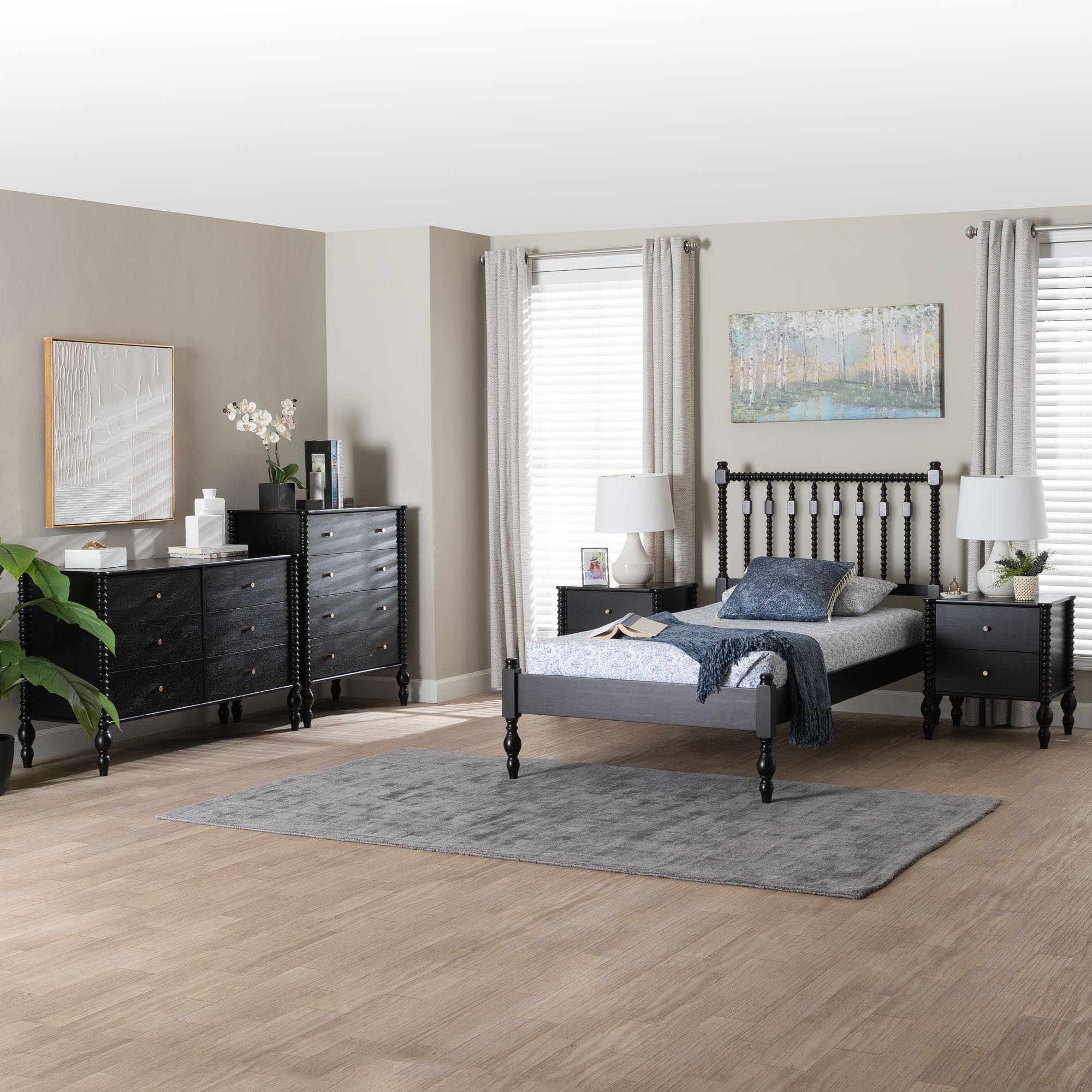 Baxton Studio Callison Spindle 5-Piece Bedroom Set - Farmhouse Platform Bed with Matching Dresser, Chest, and 2-Drawer Nightstands, Black. Twin