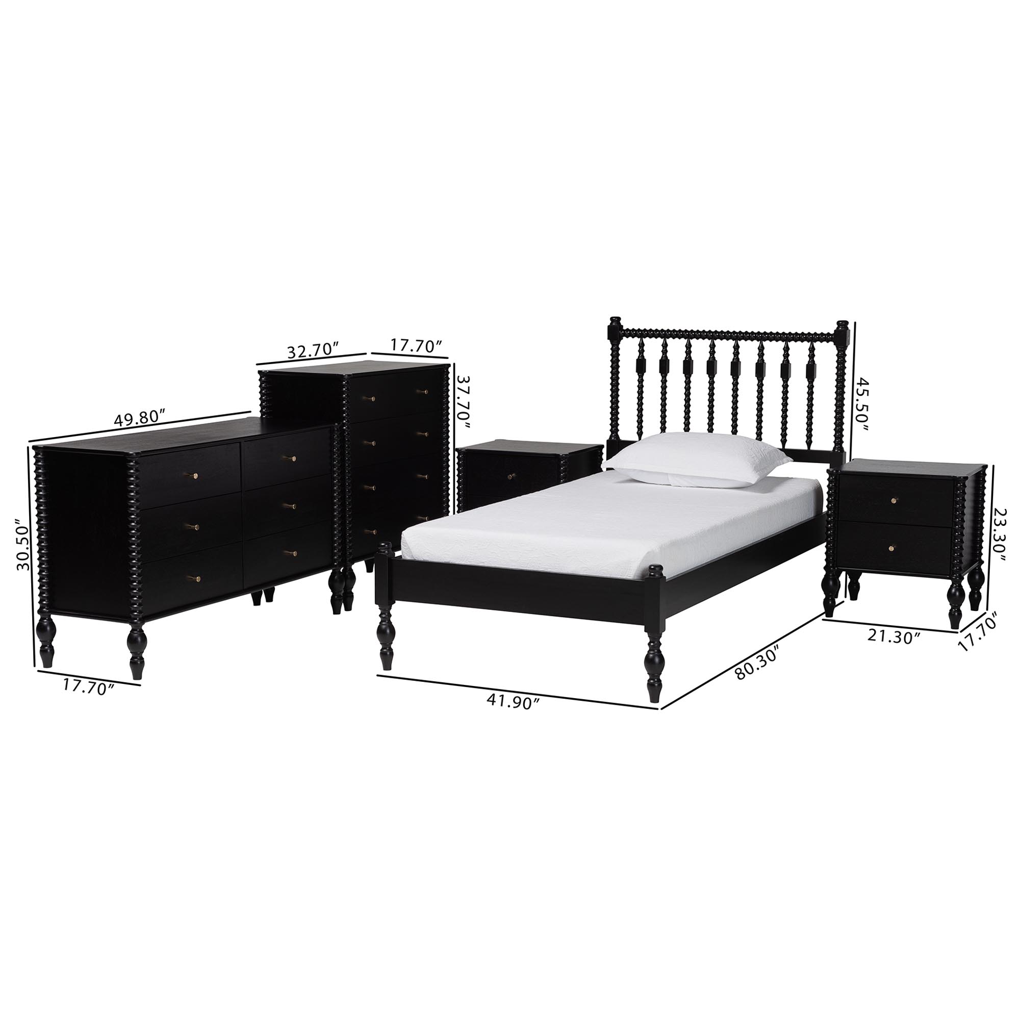 Baxton Studio Callison Spindle 5-Piece Bedroom Set - Farmhouse Platform Bed with Matching Dresser, Chest, and 2-Drawer Nightstands, Black. Twin