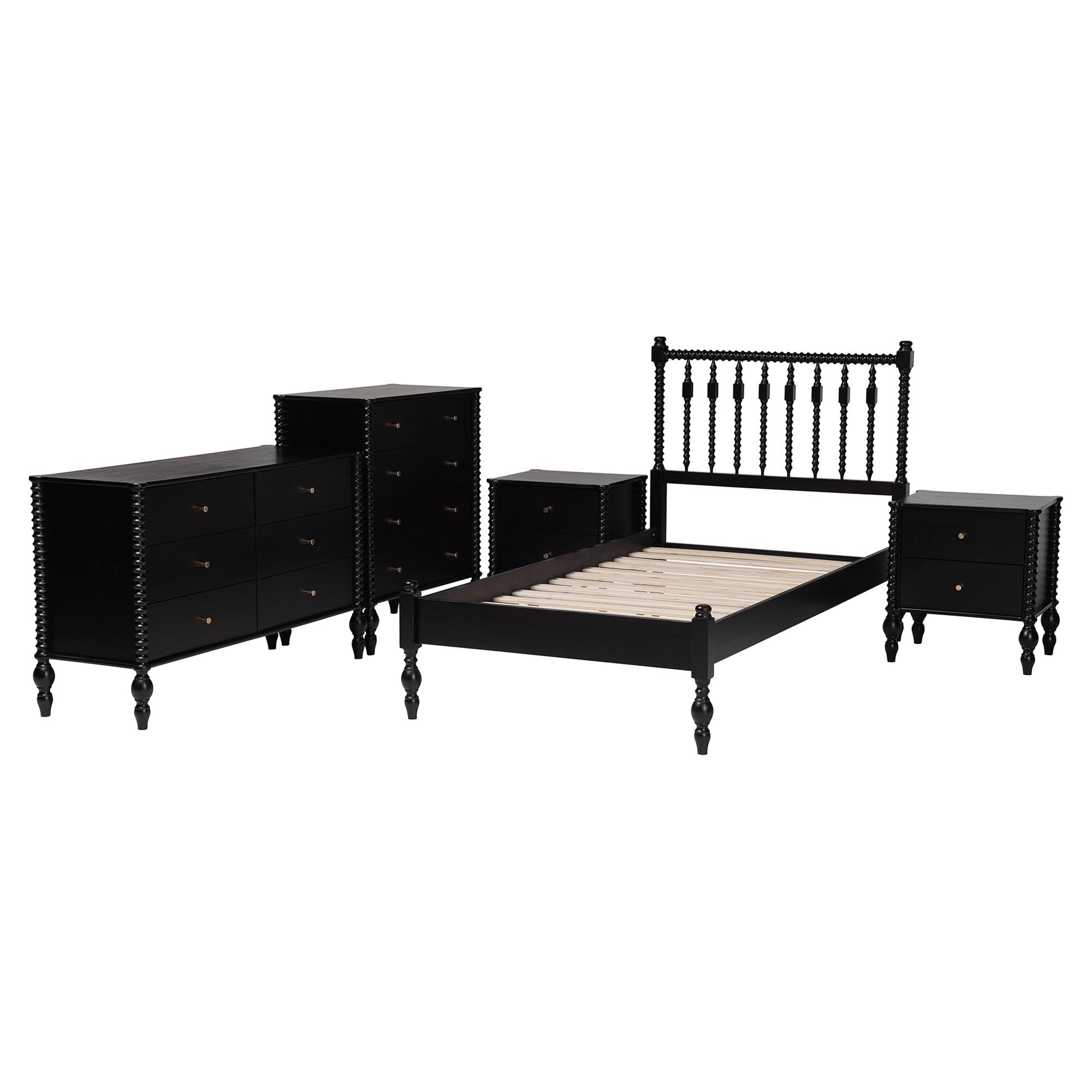Baxton Studio Callison Spindle 5-Piece Bedroom Set - Farmhouse Platform Bed with Matching Dresser, Chest, and 2-Drawer Nightstands, Black. Twin