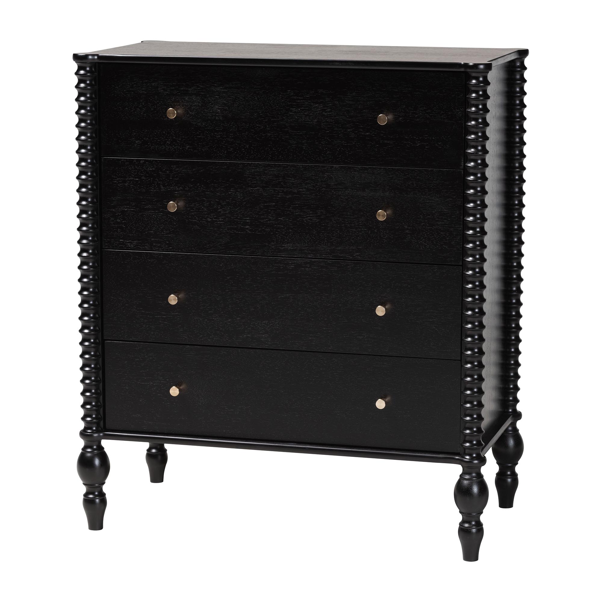 Baxton Studio Callison Spindle 5-Piece Bedroom Set - Farmhouse Platform Bed with Matching Dresser, Chest, and 2-Drawer Nightstands, Black. Twin