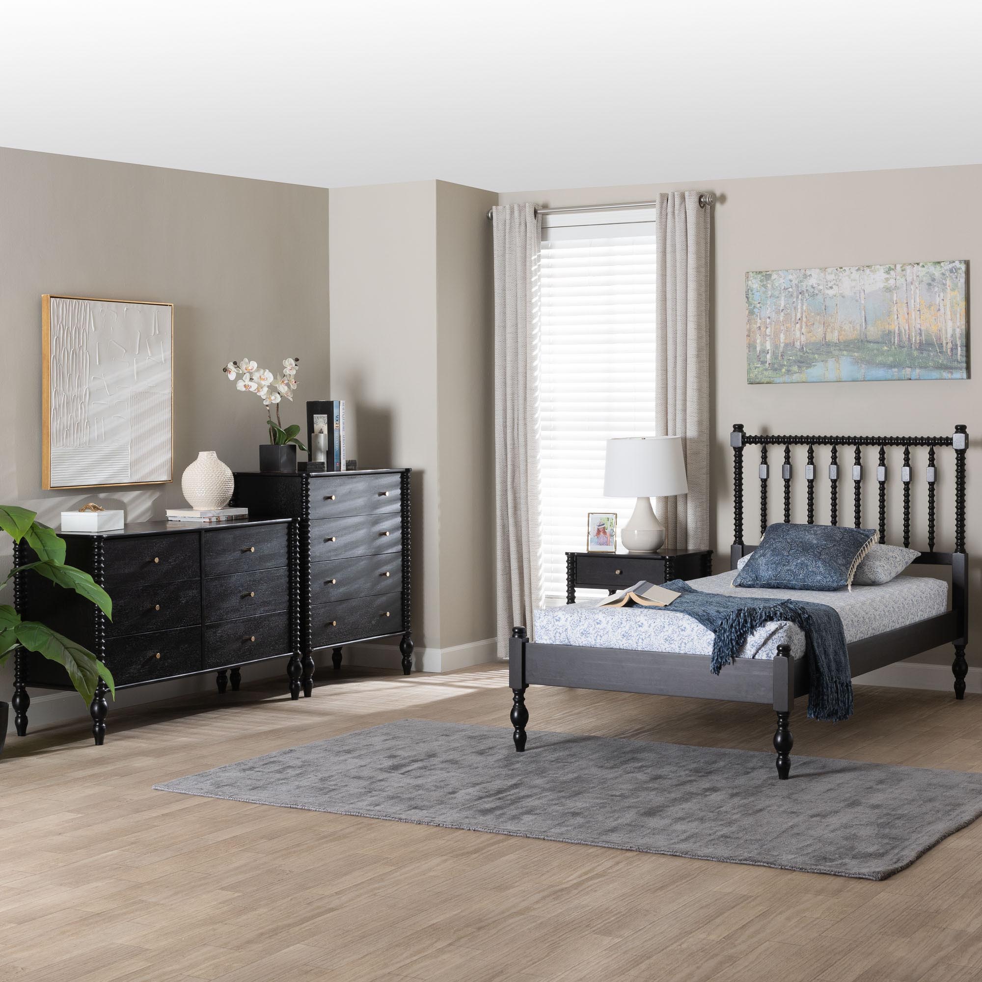 Baxton Studio Denita Spindle 4-Piece Bedroom Set - Farmhouse Platform Bed with Matching Dresser, Chest, and 1-Drawer Nightstand, Black, Twin