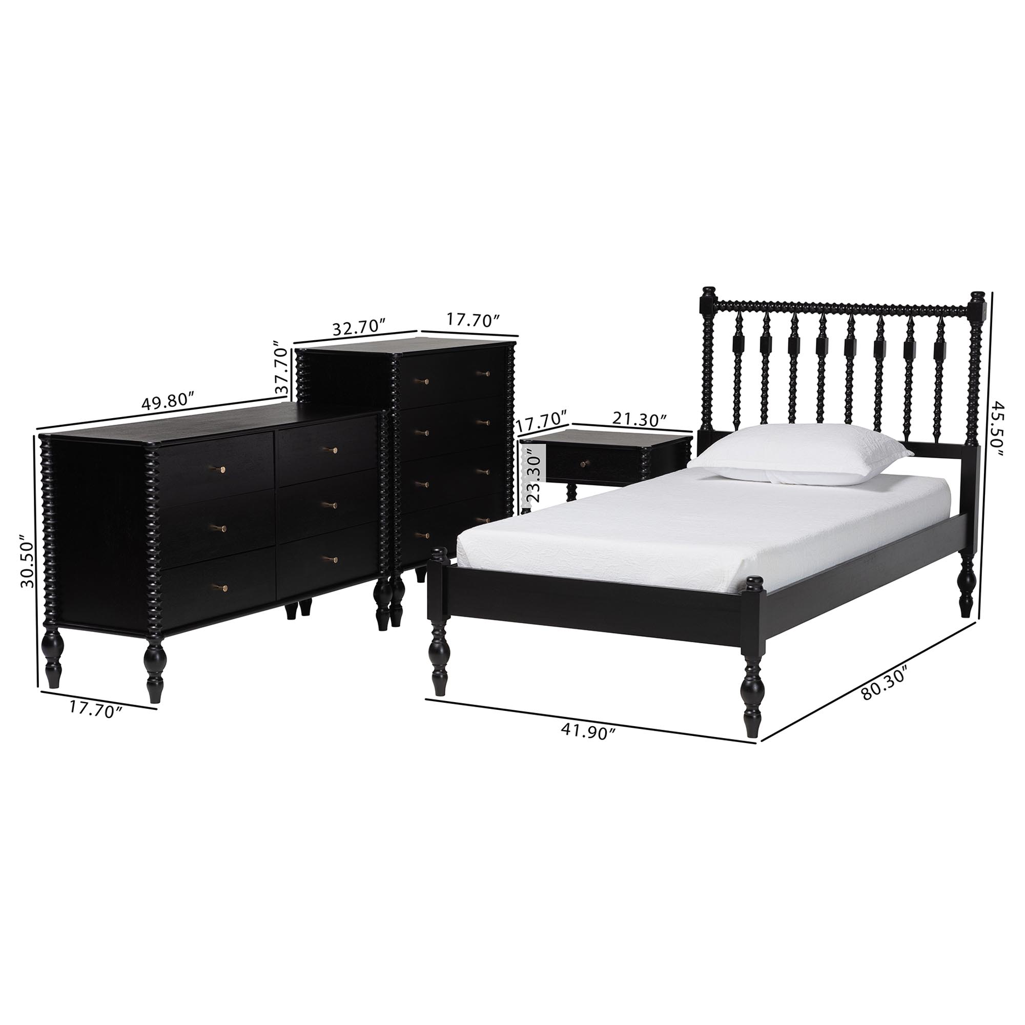 Baxton Studio Denita Spindle 4-Piece Bedroom Set - Farmhouse Platform Bed with Matching Dresser, Chest, and 1-Drawer Nightstand, Black, Twin