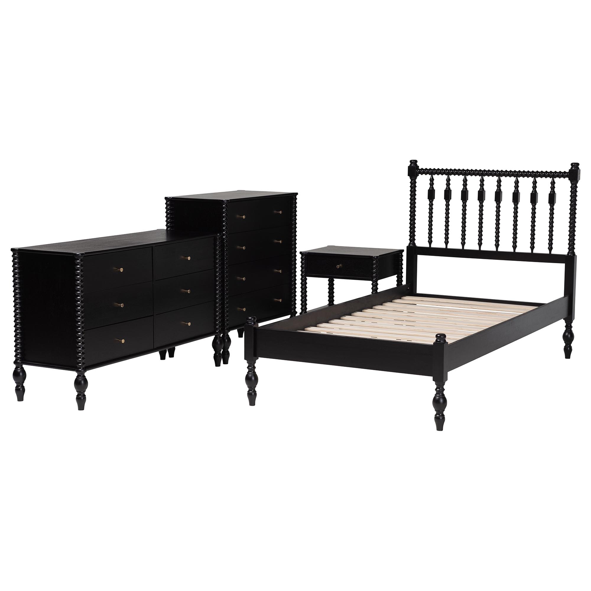 Baxton Studio Denita Spindle 4-Piece Bedroom Set - Farmhouse Platform Bed with Matching Dresser, Chest, and 1-Drawer Nightstand, Black, Twin