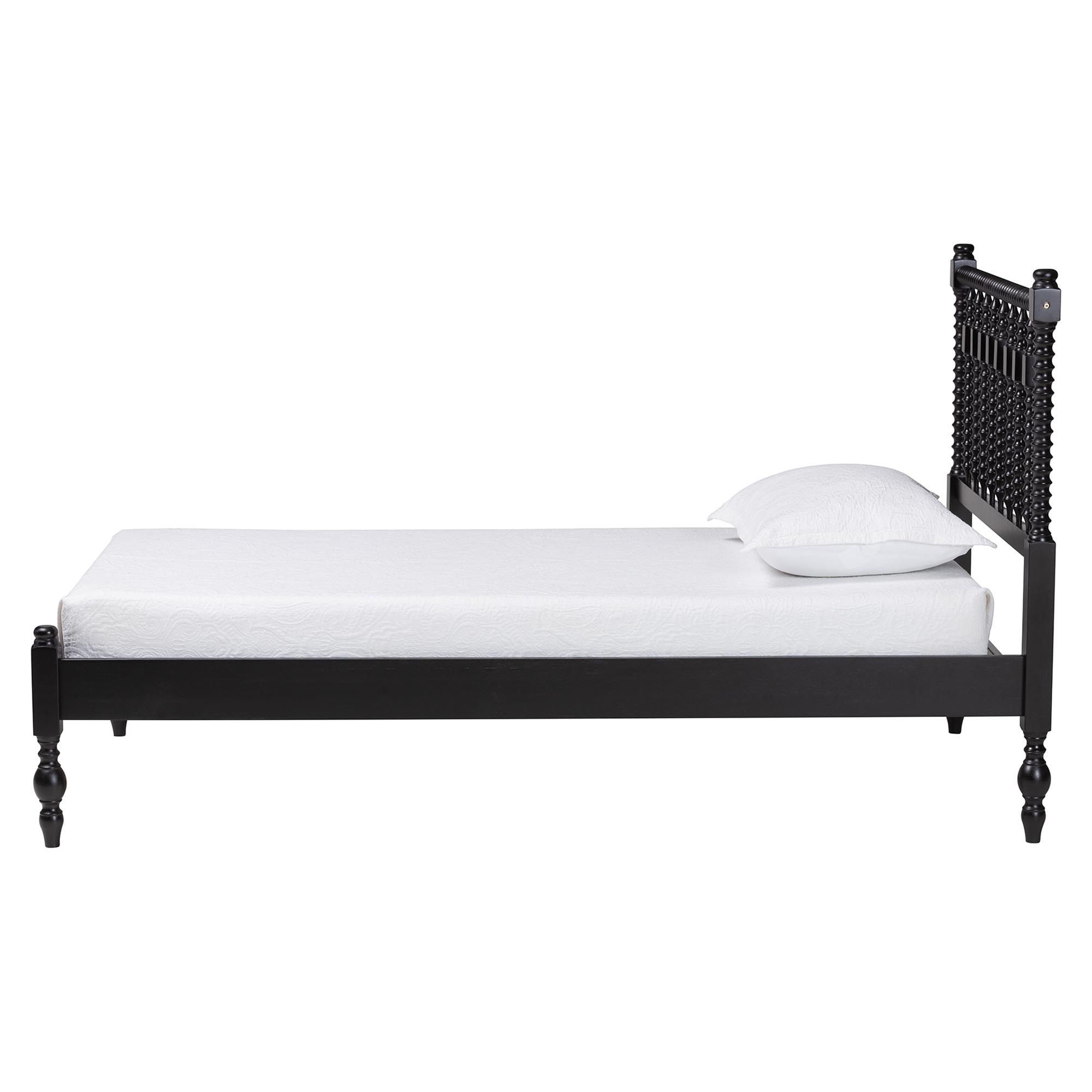Baxton Studio Callison Spindle Platform Bed - Turned Farmhouse Bed Frame with Spoked Headboard and Sculpted Legs, Black, Twin