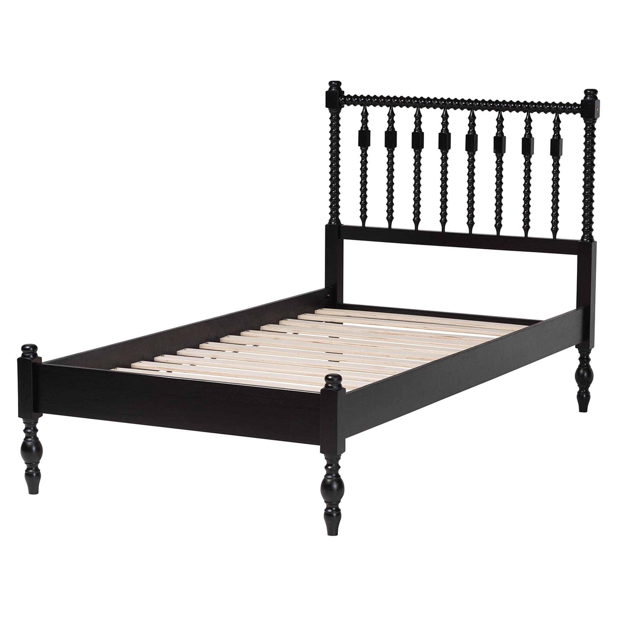 Baxton Studio Callison Spindle Platform Bed - Turned Farmhouse Bed Frame with Spoked Headboard and Sculpted Legs, Black, Twin